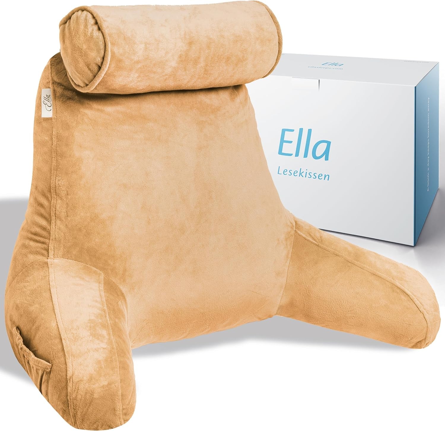 Ella Lesekissen für Bett und Sofa mit abnehmbarer Nackenrolle – Rückenkissen fürs Bett – Lesekissen aus Memory-Schaum mit Armlehnen, ideal zum Lesen, Fernsehen, Entspannen oder als Rückenstütze – Grau
