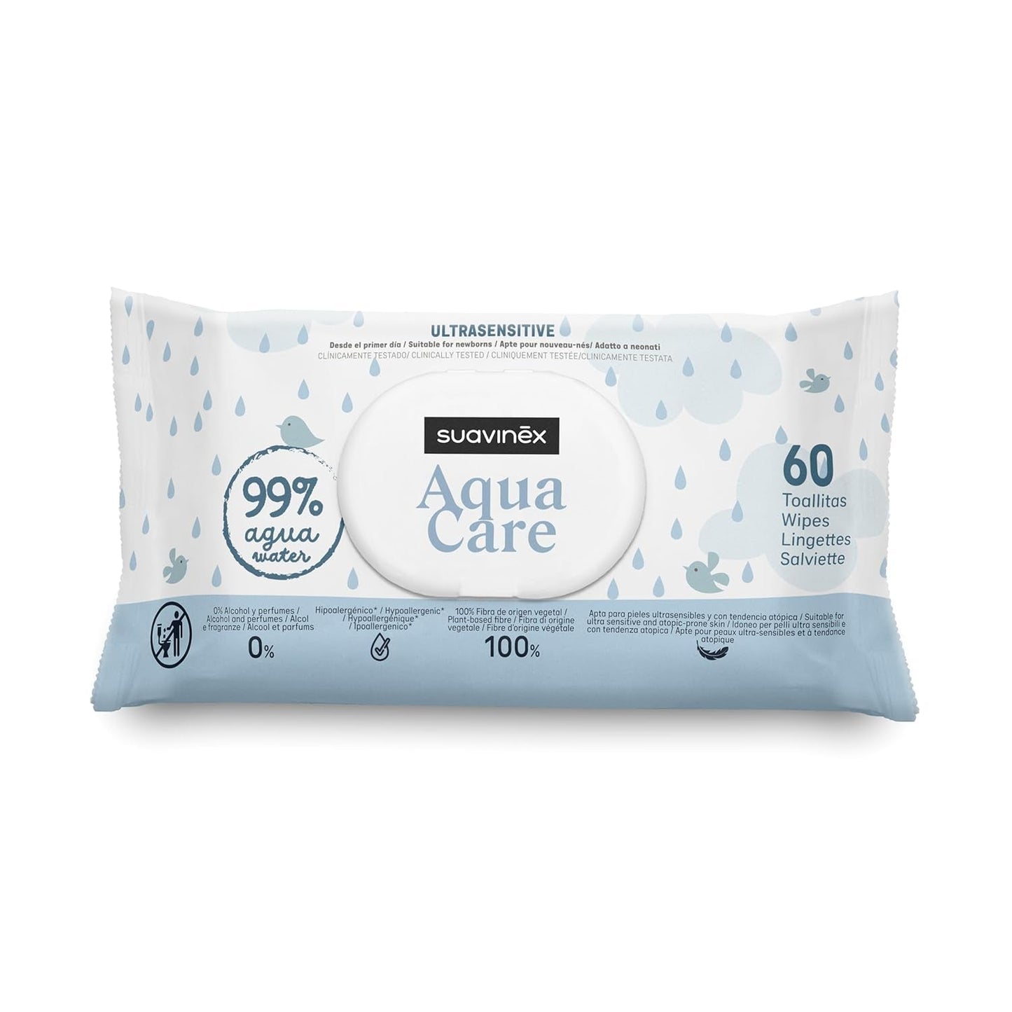 Suavinex Aqua Care Baby-Feuchttücher, 60 Stück, Reinigungstücher, 99 % Wasser, Pflanzenfaser, Aloe Vera, parfümfrei, alkoholfrei, dermatologisch getestet, geeignet für empfindliche Haut