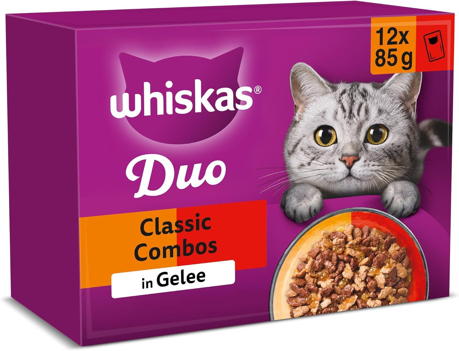 WHISKAS Duo-Beutel für Nassfutterportionen, Multipack, klassische Kombination in Gelee, 12 x 85 g