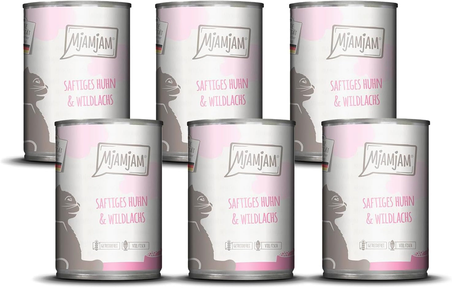 MjAMjAM – Premium-Nassfutter für Katzen – saftiges Huhn und Wildlachs, 6er-Pack (6 x 400 g), getreidefrei mit extra Fleisch