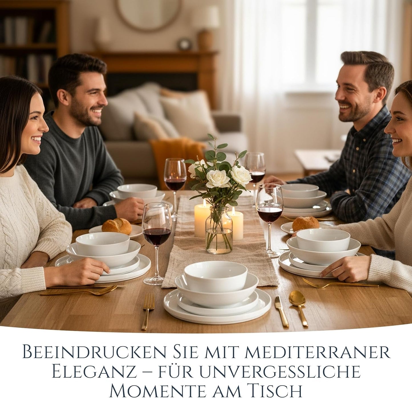 Crystal 48-teiliges Porzellan-Geschirrset TESTSIEGER Klares Porzellan-Geschirrset Schüsseln und Teller Tafelservice für 12 Pure Living-Geschirrsets in Weiß