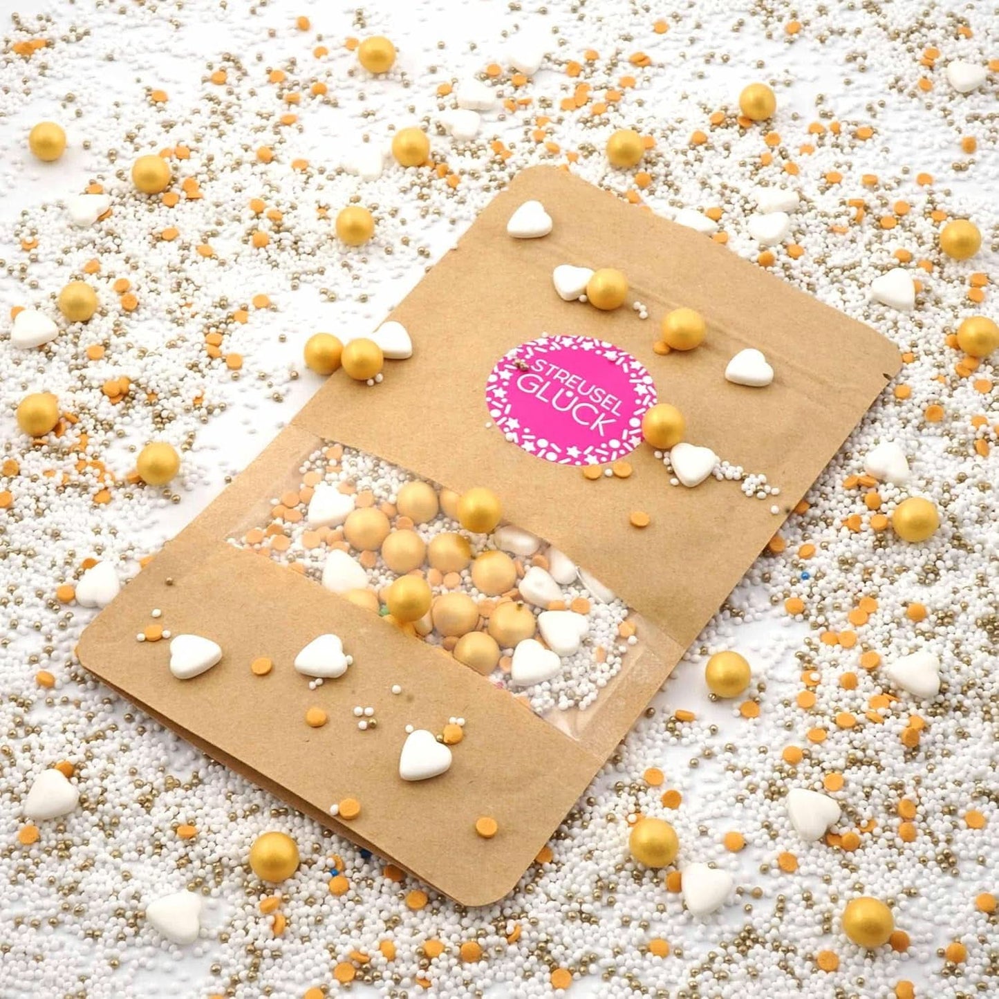Streusel Glück, Streusel mit weißen Herzen und goldenen Kugeln, 40 Gramm Streusel Naty Shop