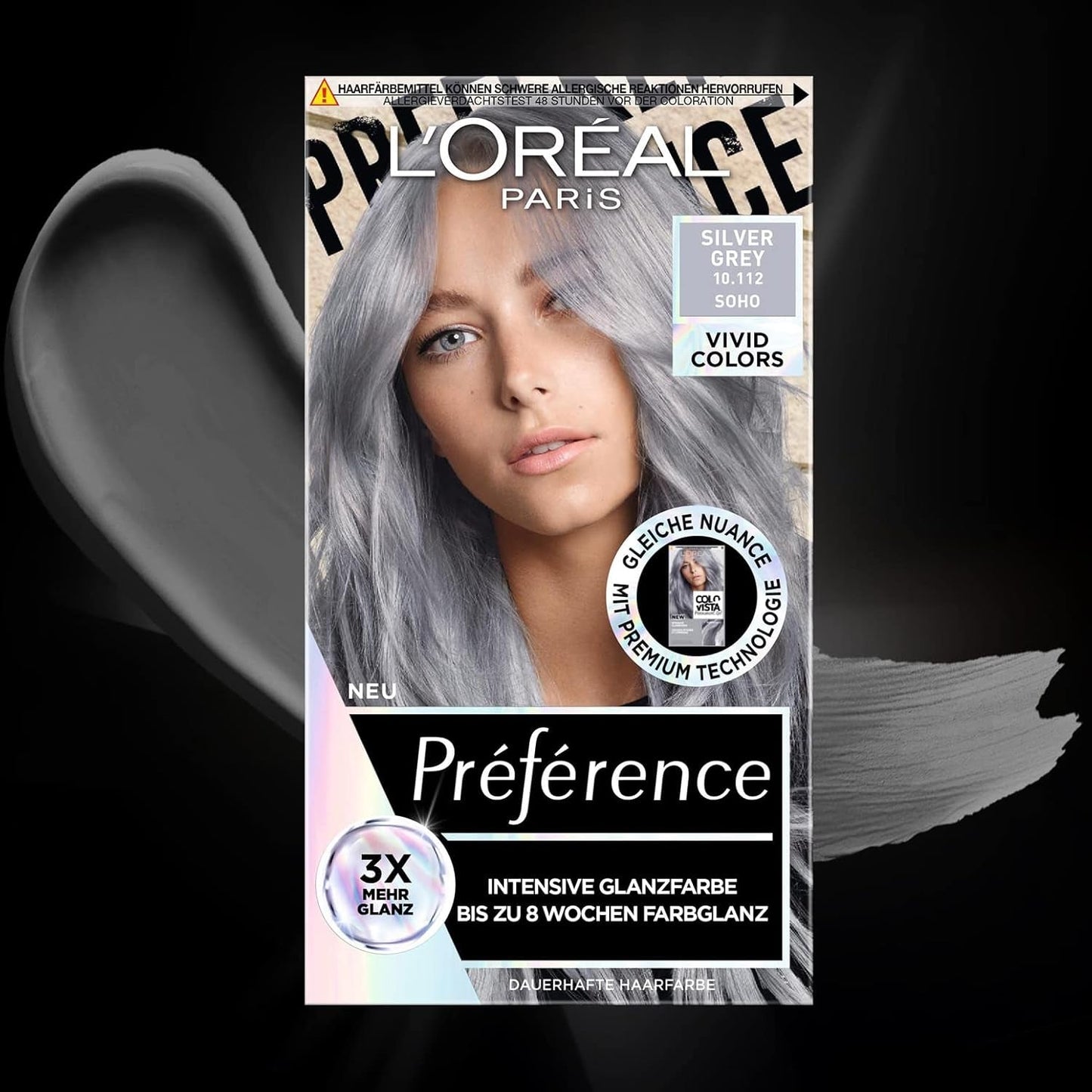 L'Oréal Paris Intensive permanente Haarfarbe, Bis zu 8 Wochen glänzendes Haar und intensive Farbe, Préférence Vivid Colors, Farbe: 10.112 SILBERGRAU, 1 Stück (2er-Pack) Haarfärbemittel Naty Shop