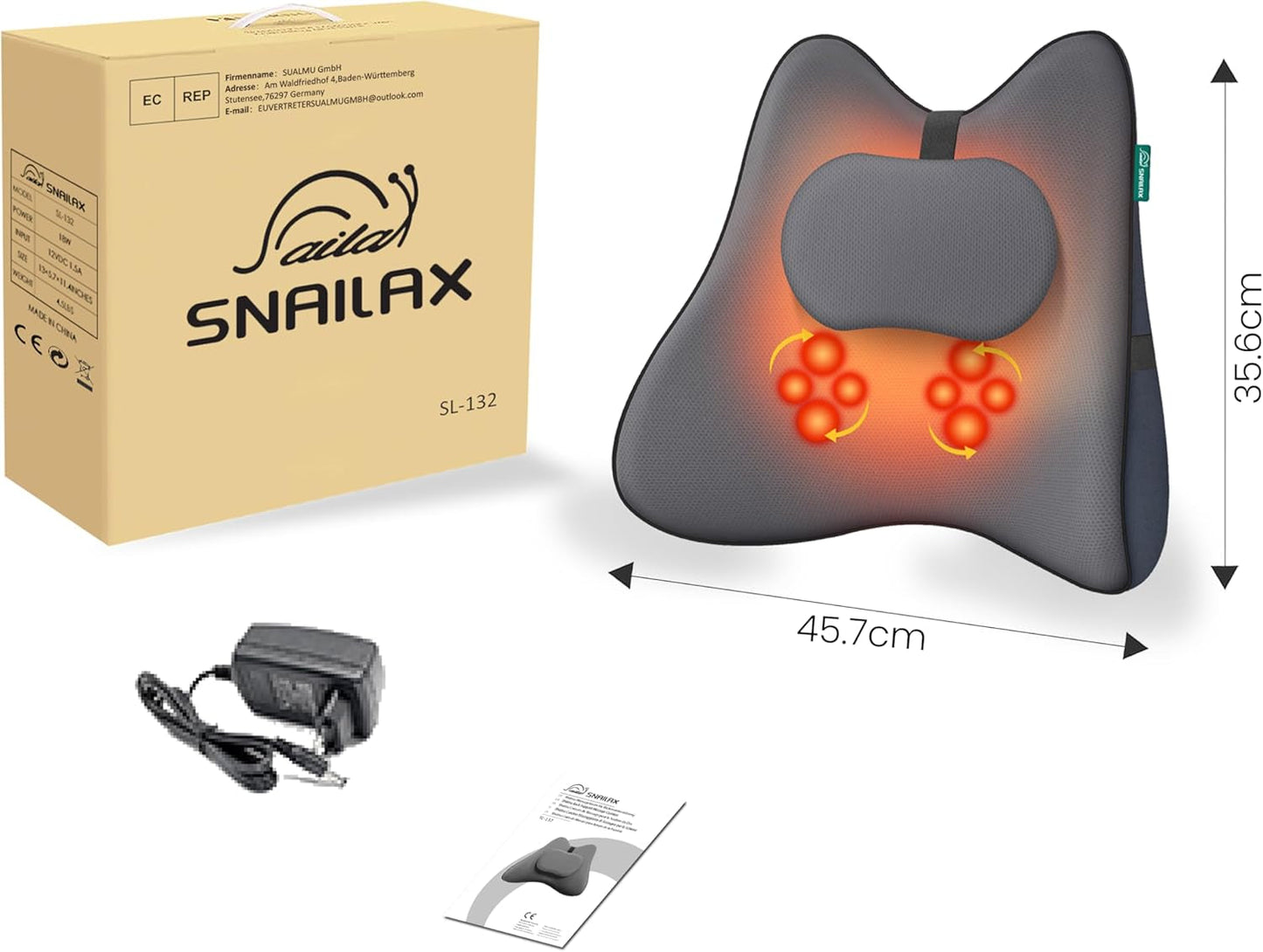 Snailax Ergonomisches Lendenwirbelstützkissen mit Massage und Wärme, Shiatsu-Rückenkissen aus Memory-Schaum, Sitzkissen mit 3 Massageintensitäten | 2 Heizstufen | 3 Timer | bequeme Sitzhaltung
