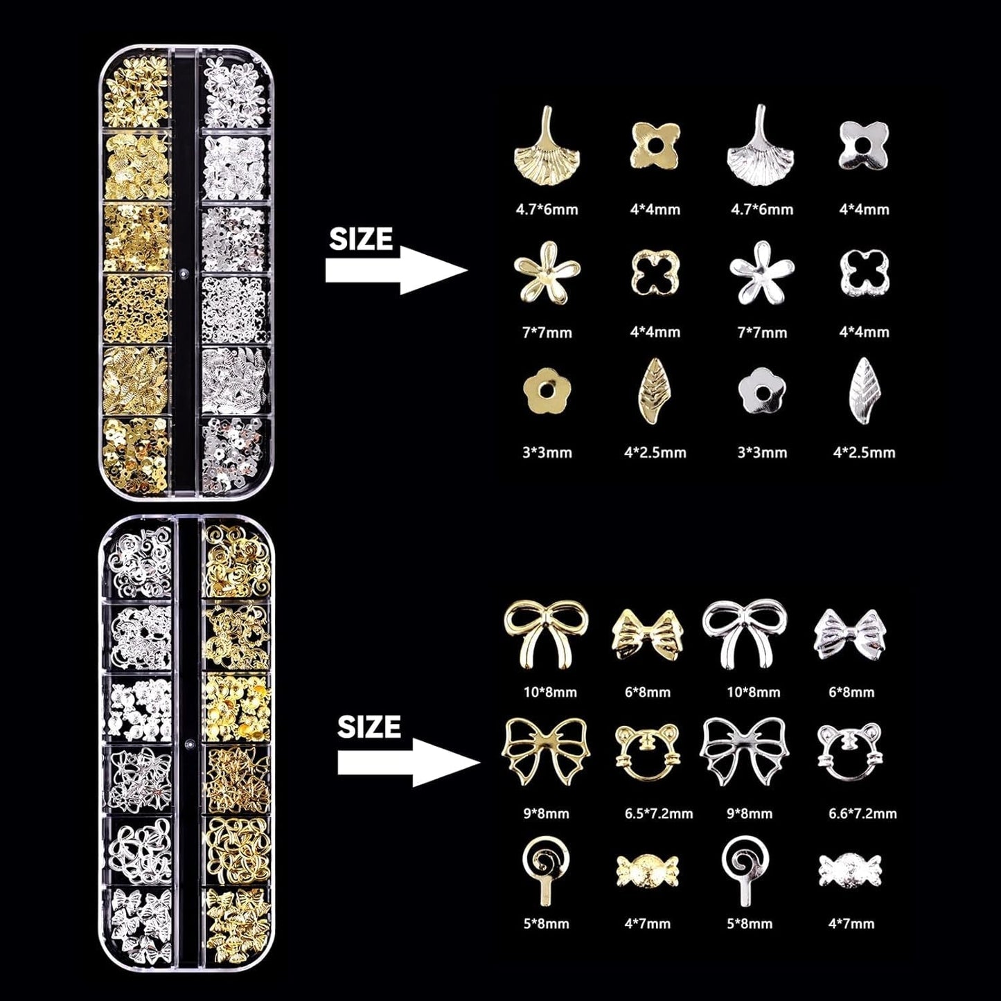 Nagel-Schlüsselanhänger, 4er-Box-Set – 48 Arten goldene und silberne 3D-Nagel-Schlüsselanhänger (Schmetterlinge, Blumen, Perlen usw.) + Pinzette und Stift – für selbstgemachte Gel- und Acrylnägel | Ideal für Nagelstudio und Zuhause