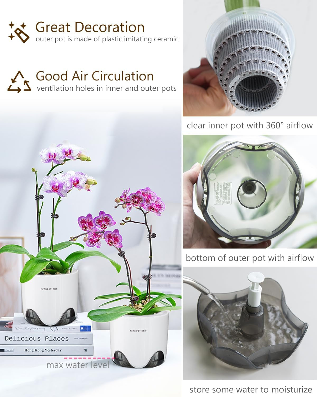 Orchideen-Blumentopf mit Drainagelöchern zum Umpflanzen, hervorragende Luftzirkulation, 2 Stück, doppelschichtiger Kunststoff, Keramik-Orchideen-Übertopf, transparenter Orchideen-Blumentopf, dekorativ