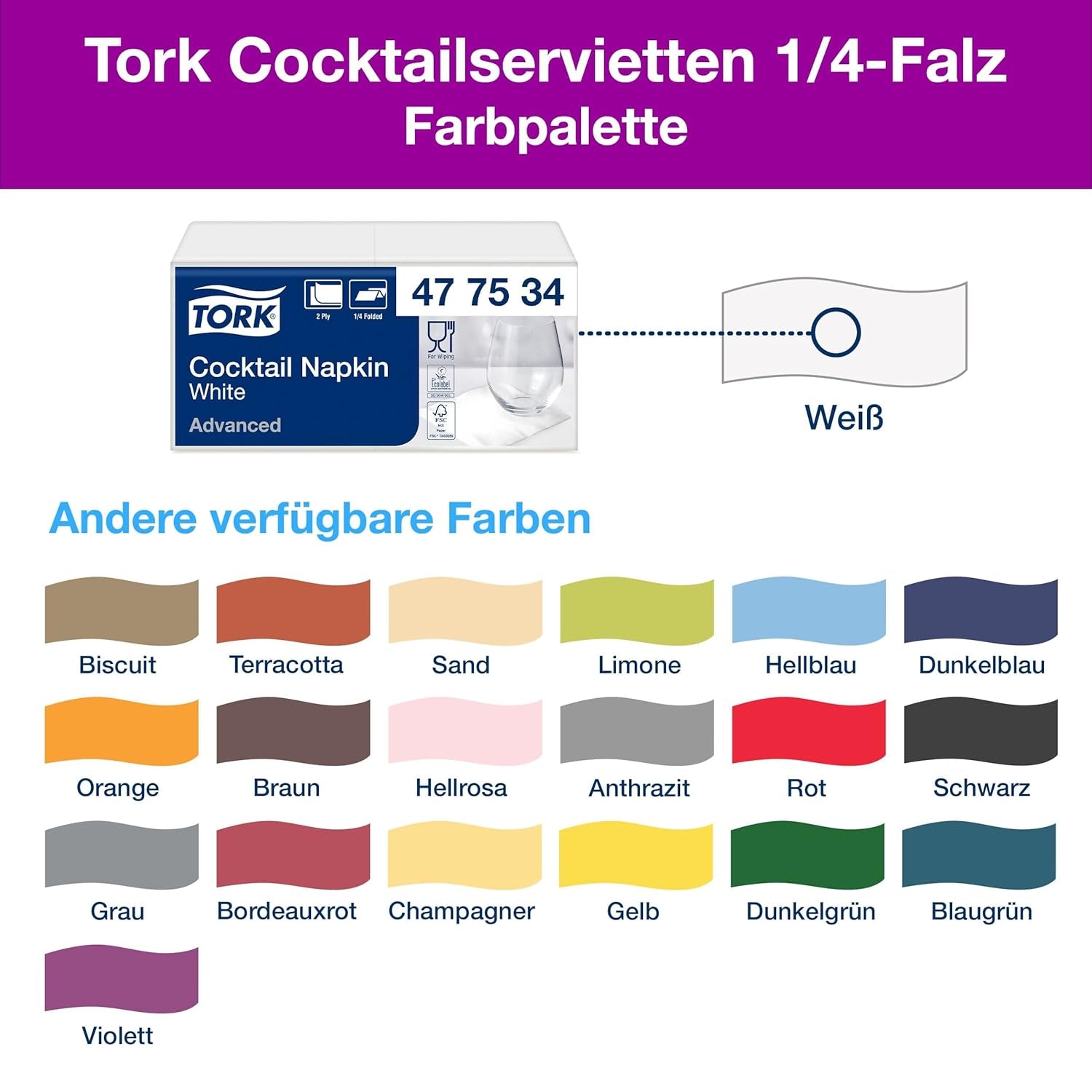 Tork Cocktail White Servietten, 1/4-Faltung, 2-lagig, 24 cm × 24 cm, 200 Servietten, 477534