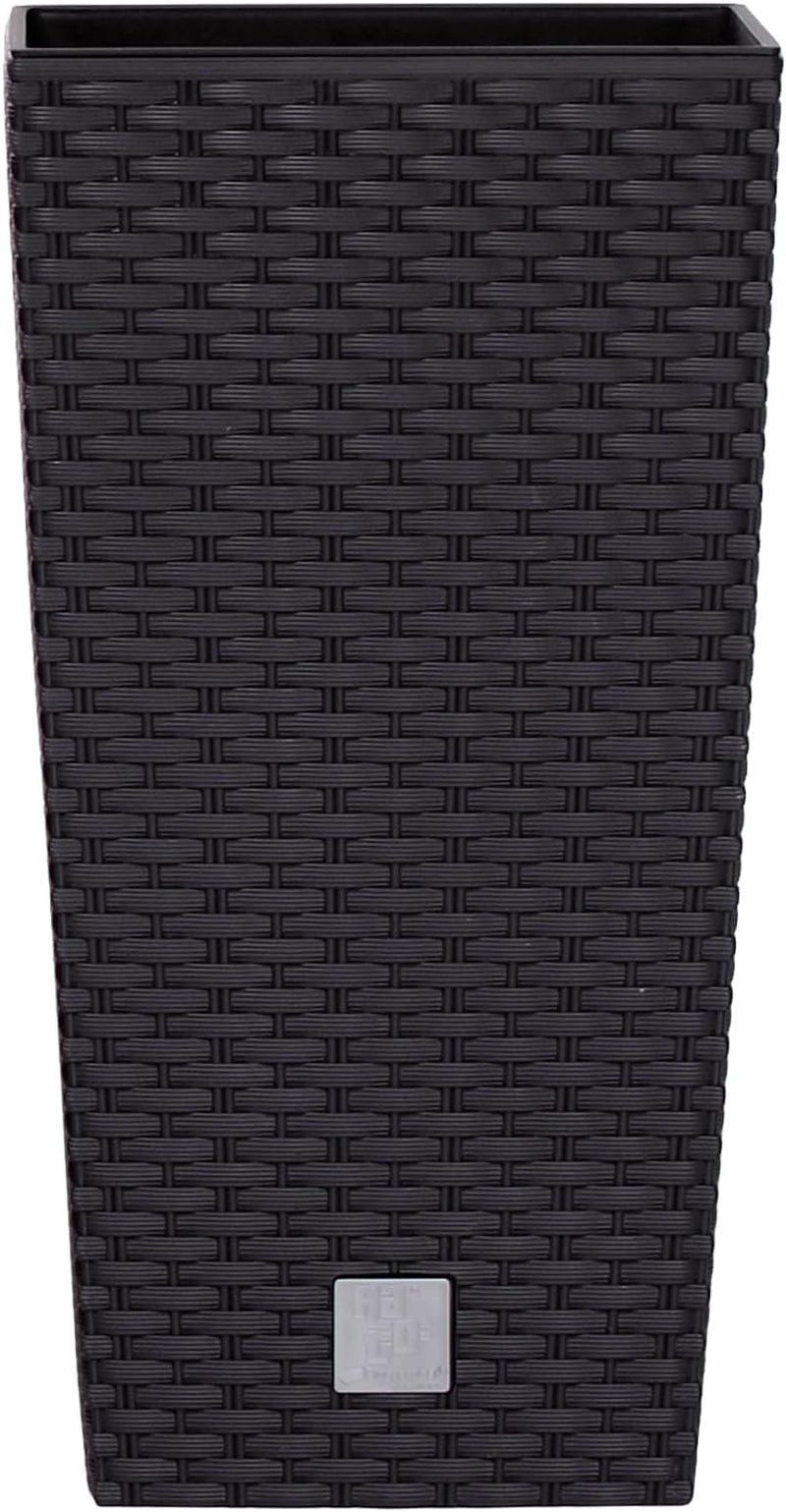 Prosperplast Rattan-Optik-Töpfe/Töpfe mit Einsatz | 32,5 x 32,5 x 61 cm | Anthrazit | witterungs- und UV-beständig | aus stabilem Kunststoff | für innen und außen