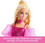 Barbie Deluxe Style Nr. 5-Puppe in einem metallischen rosa-blonden Outfit mit glitzerndem Oberteil und glitzernden Hosen, mit Accessoires wie einer rosa Halskette und einer Handtasche, JFP40