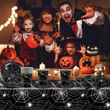 49-teiliges Halloween-Spinnen-Papierbesteckset mit Tellern, Servietten, Gläsern und Tischdecke. Schwarzes Geschirrset mit Desserttellern, Servietten und Gläsern.