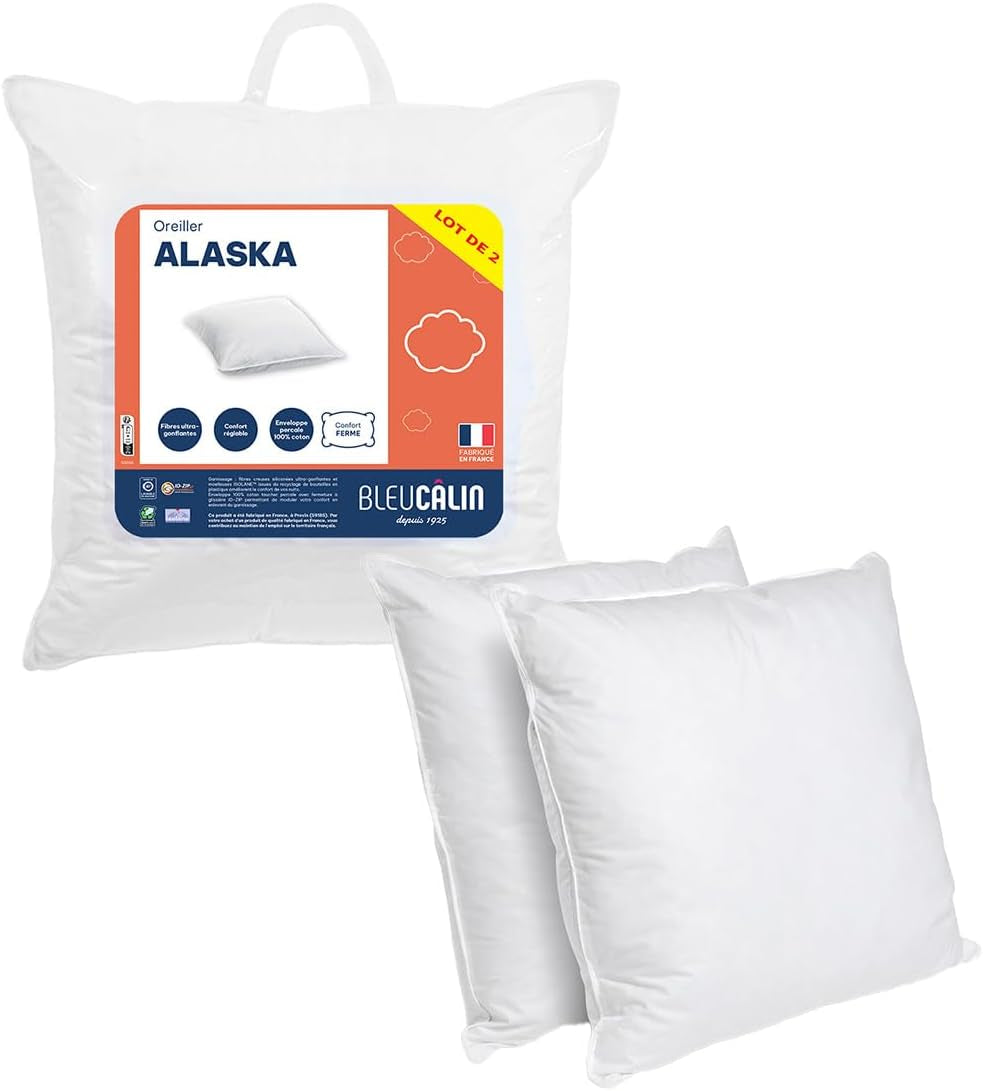 Blaues Câlin-Set mit 2 Kissen mit festem Komfort „Alaska“, super Füllung, Umschlag aus 100 % Perkal-Baumwolle, weiß, 65 x 65 cm, quadratische Form, Naty Shop Standard-Kissen