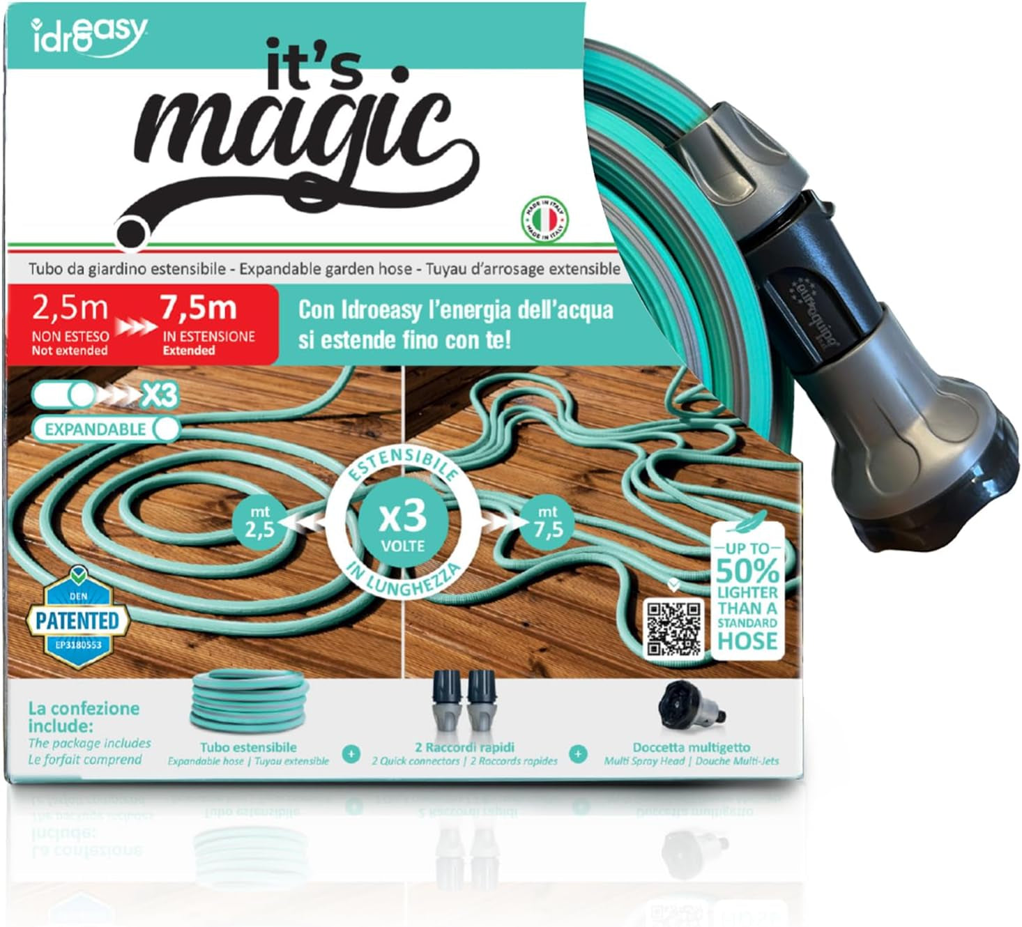 Gartenschlauch ausziehbar bis zu 7,5 Meter, 1/2" (12,5 mm), mit Handbrause und 8 Funktionen, Idroeasy