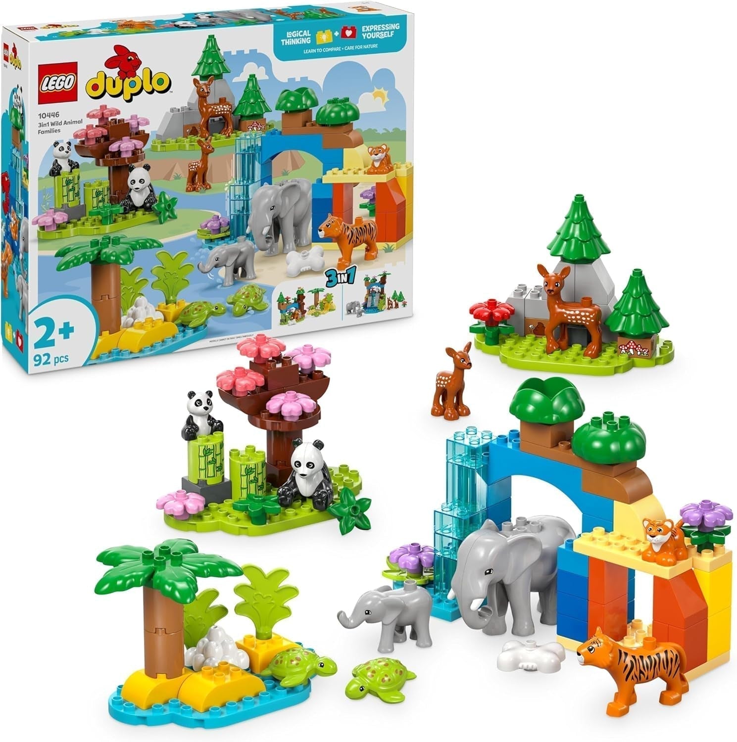 LEGO DUPLO Town Wild Animal Families 3-in-1-Set, Lernspielzeug für Kleinkinder mit Schildkröten, Tigern, Elefanten, Hirschen, Pandas, 2-jähriges Vorschulkinder-Set, Tierfiguren-Bauspielzeug 10446 Bausätze Beuche den LEGO-Store Standardtitel
