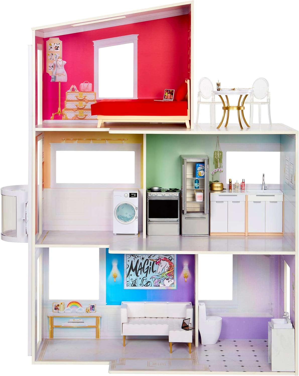 Rainbow High Townhouse – 3-stöckiges hölzernes Puppenhaus mit 5 farbenfrohen Zimmern und Terrasse – Komplett möbliertes Haus mit Aufzug und funktionalem Zubehör – Spielzeug für Puppenhäuser ab 4–12 Jahren. Naty Shop 2023 Rainbow High Townhouse