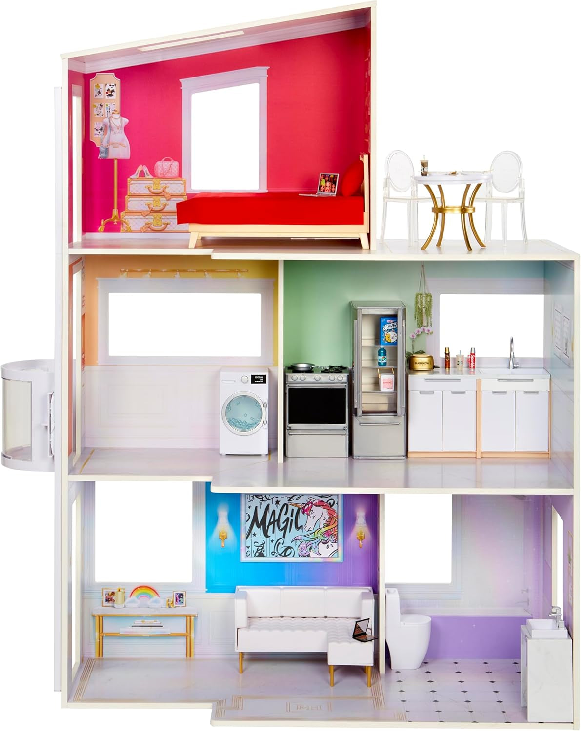 Rainbow High Townhouse - 3-stöckiges Holzpuppenhaus mit 5 bunten Zimmern & Terrasse - Komplett eingerichtetes Haus mit funktionierendem Lift und Zubehör - Spielzeug für Kinder von 4 bis 12+ Jahren
