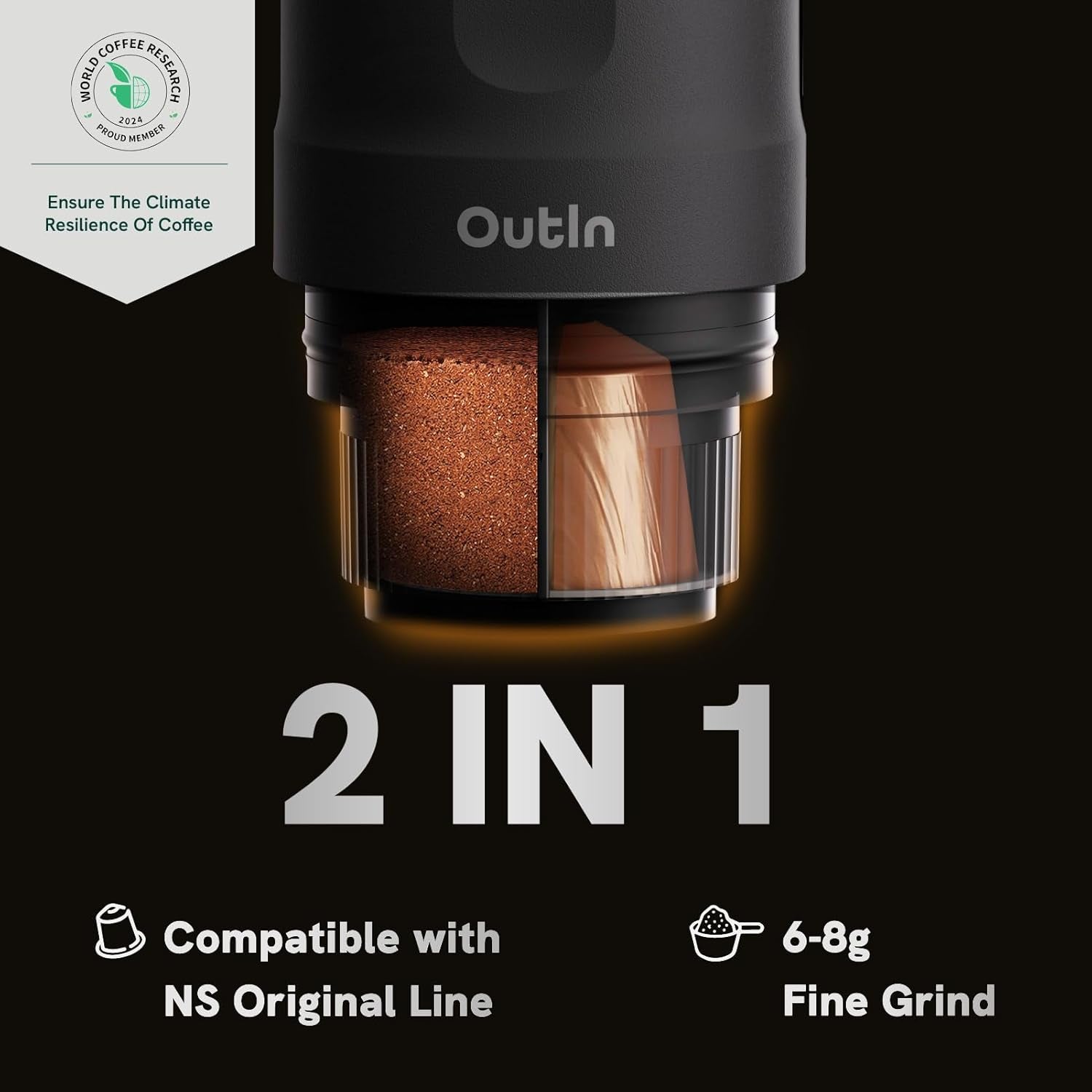 OutIn Nano tragbare elektrische Espressomaschine, Camping-Kaffeemaschine, USB-C selbsterhitzend, kompatibel mit gemahlenem Kaffee und NS-Kapseln