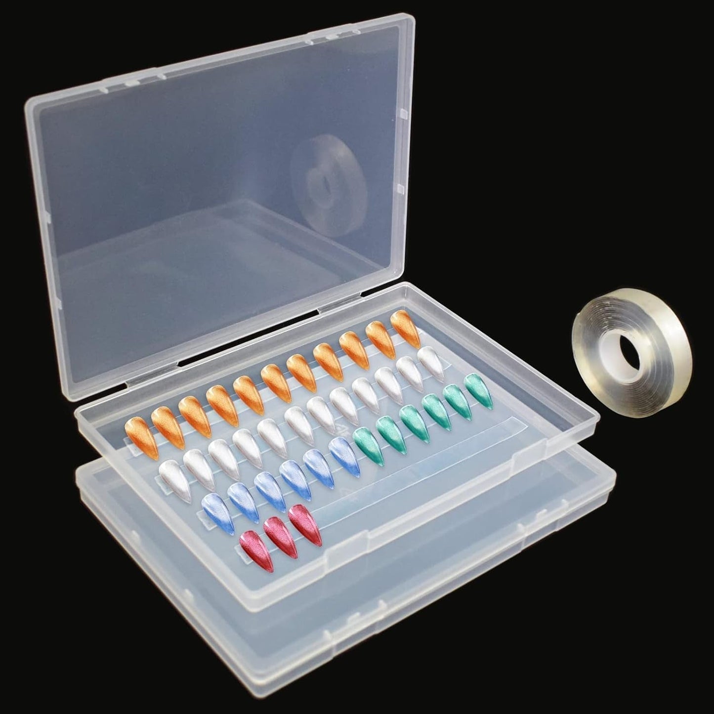 2 Stück 30 cm doppelseitiges Klebeband, Aufbewahrungsbox für künstliche Nägel, transparente rechteckige Box, Kunststoffverpackungsboxen, Nagelspitzenbehälter, künstliche Nägel, 21,8 x 15,5 cm