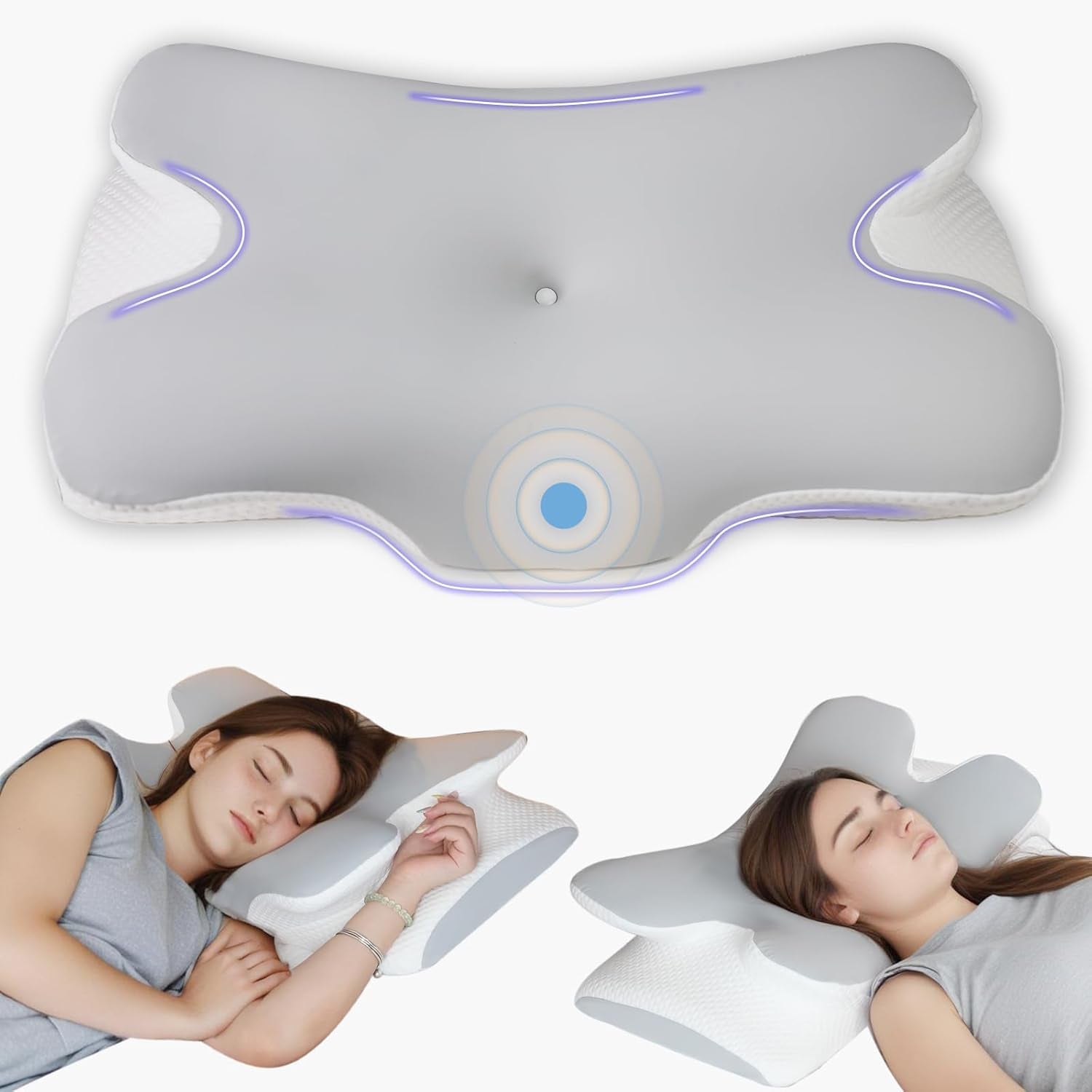 Nackenkissen, orthopädisches Kopfkissen, Memory-Schaum-Kissen, Seitenaufprallkissen – ergonomisches Design, hohle Form für Seiten-, Rücken- und Bauchaufprall, hellgrau, orthopädische Nackenkissen, Naty Shop, hellgrau, 66 x 36 x 14 cm