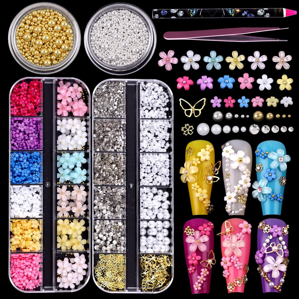 GZMAYUEN 920 Stück Gold Silber Flatback Perlen Für Nägel, Halbrunde Weiße Beige Nagelperlen, Kleine Halbrunde Flatback Perlen Für DIY Nail Art Decor