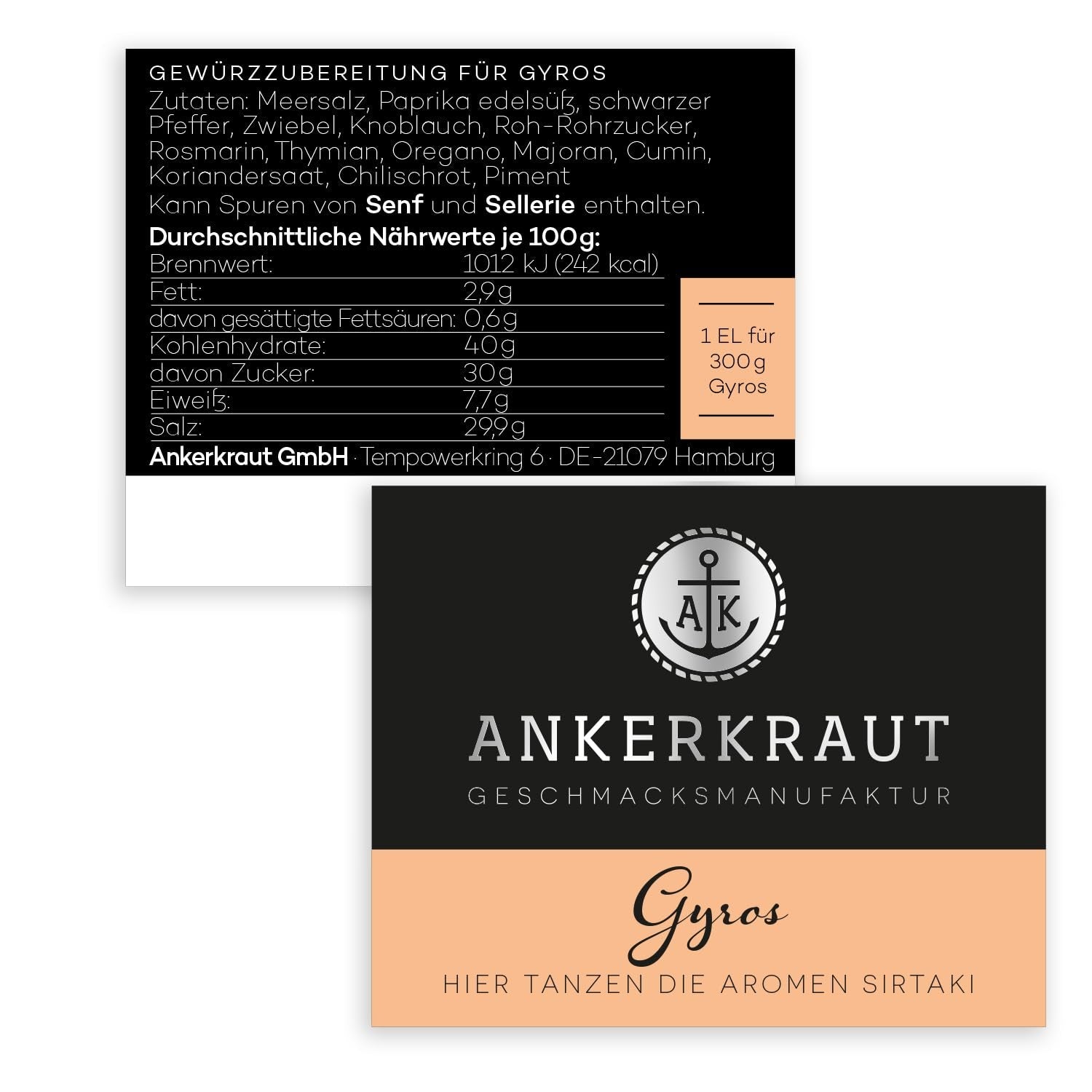 Ankerkraut Gyros, Gewürzmischung für Gyros, egal ob aus der Pfanne oder vom Grill, mit Zwiebel, Knoblauch, Majoran, Kreuzkümmel, Piment und mehr, 80 g im Korkenglas