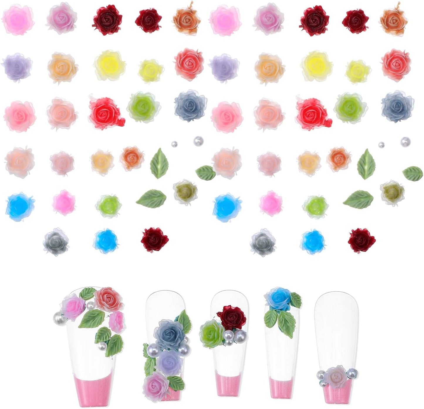 300 Stück Niedliche Blume Nail Charms, 3D Resin Floral Camelie Rose Nägel Charms Mit Perle, Gemischte Größe Bunte Flower Nägel Deko Für Frauen Nail Art Zubehör