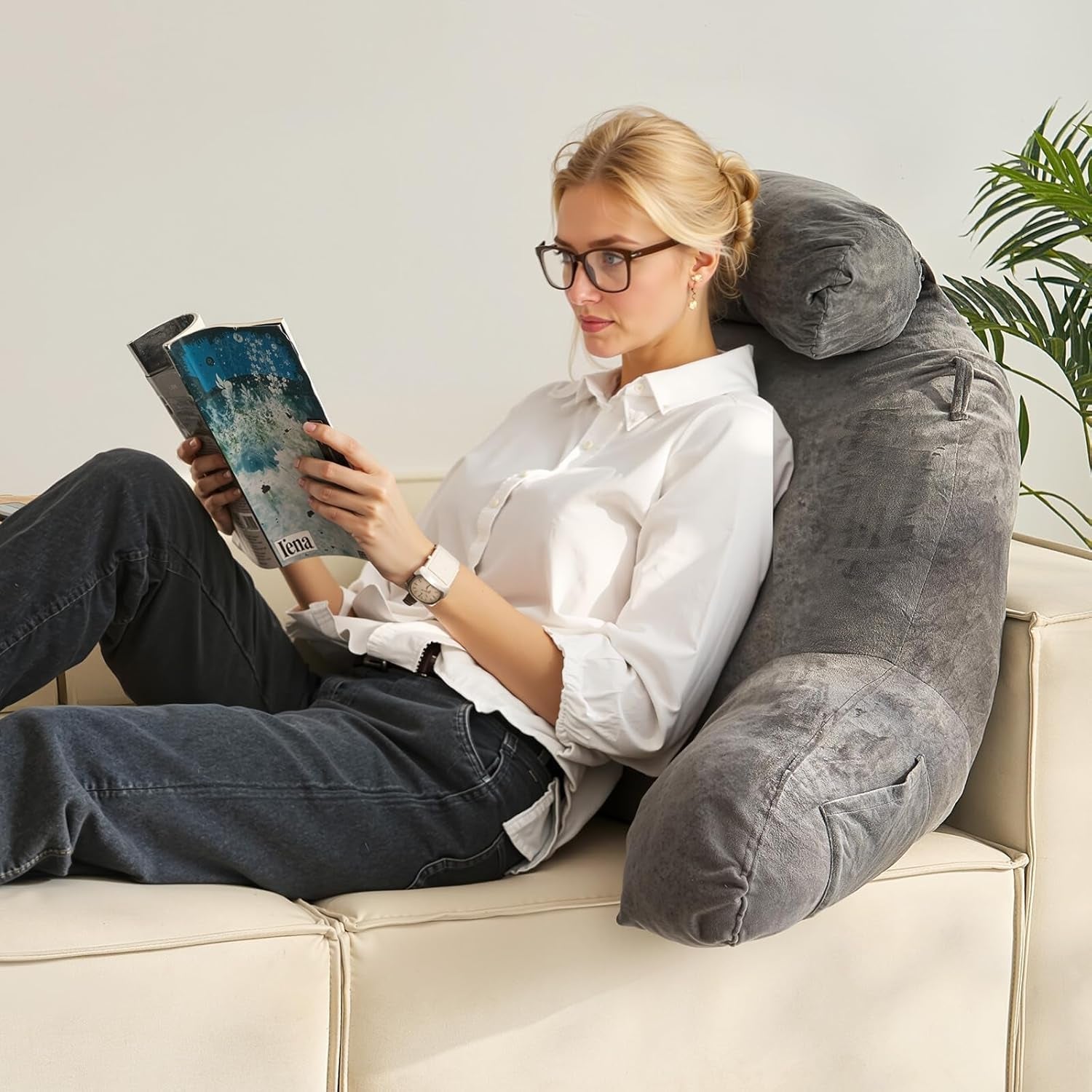 VEVOR Lesekissen, Bettkissen (groß) mit abnehmbarer Kopfstütze, 3-Taschen-Rückenkissen und waschbarem Kurzsamtstoff und geschreddertem Memory-Schaum, Seite mit Griff, zum Fernsehen, Lesen, Spielen