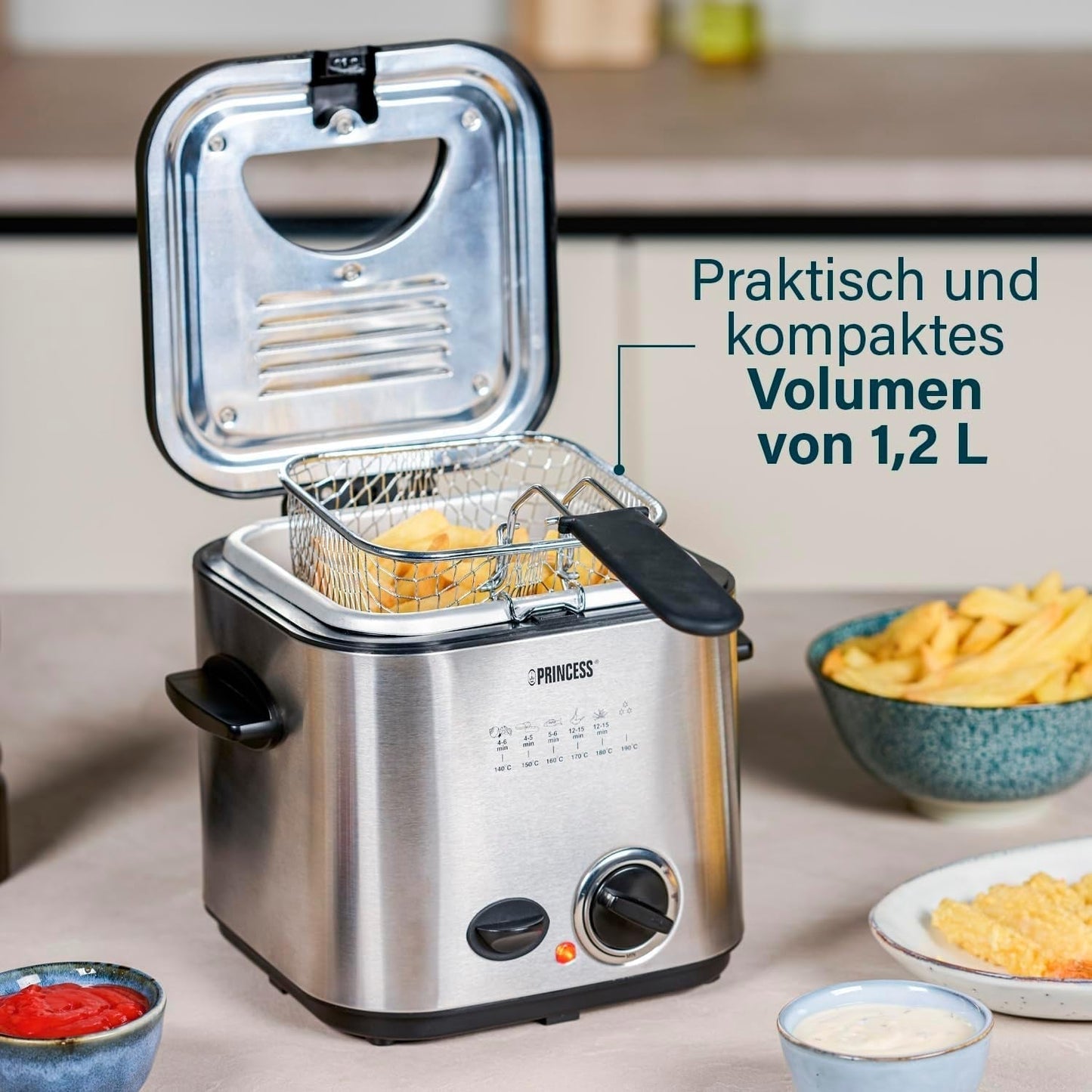 Princess 182611 Mini-Fondue-Fritteuse – schnelles Erhitzen – Geruchsfilter – 1,2 Liter Fassungsvermögen, Silber Haushaltsgeräte Naty Shop