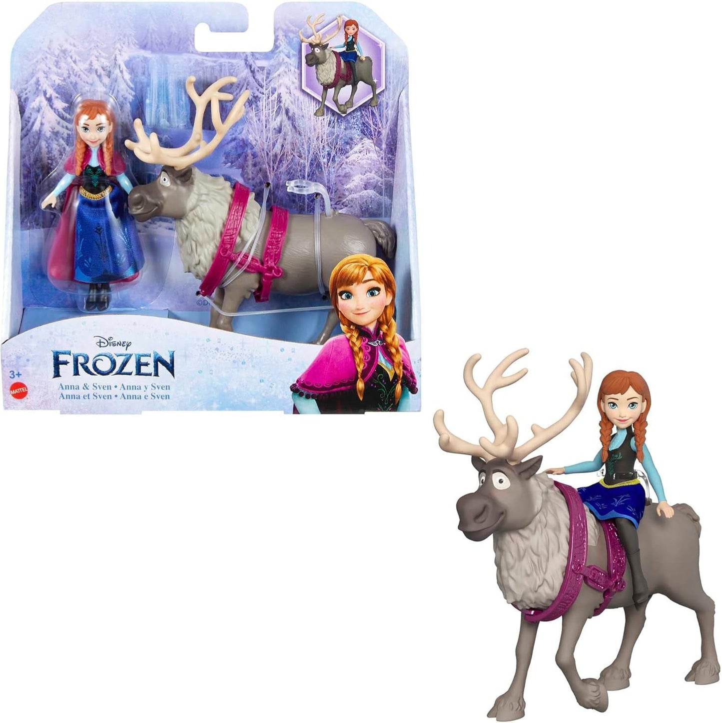 Mattel DISNEY Die Eiskönigin Anna und Sven Puppe und Tierfigur, inspiriert von den Zeichentrickfiguren, bewegliche Gliedmaßen, abnehmbarer Rock und Umhang, ab 3 Jahren, HLX03 Naty Shop Cap Dolls