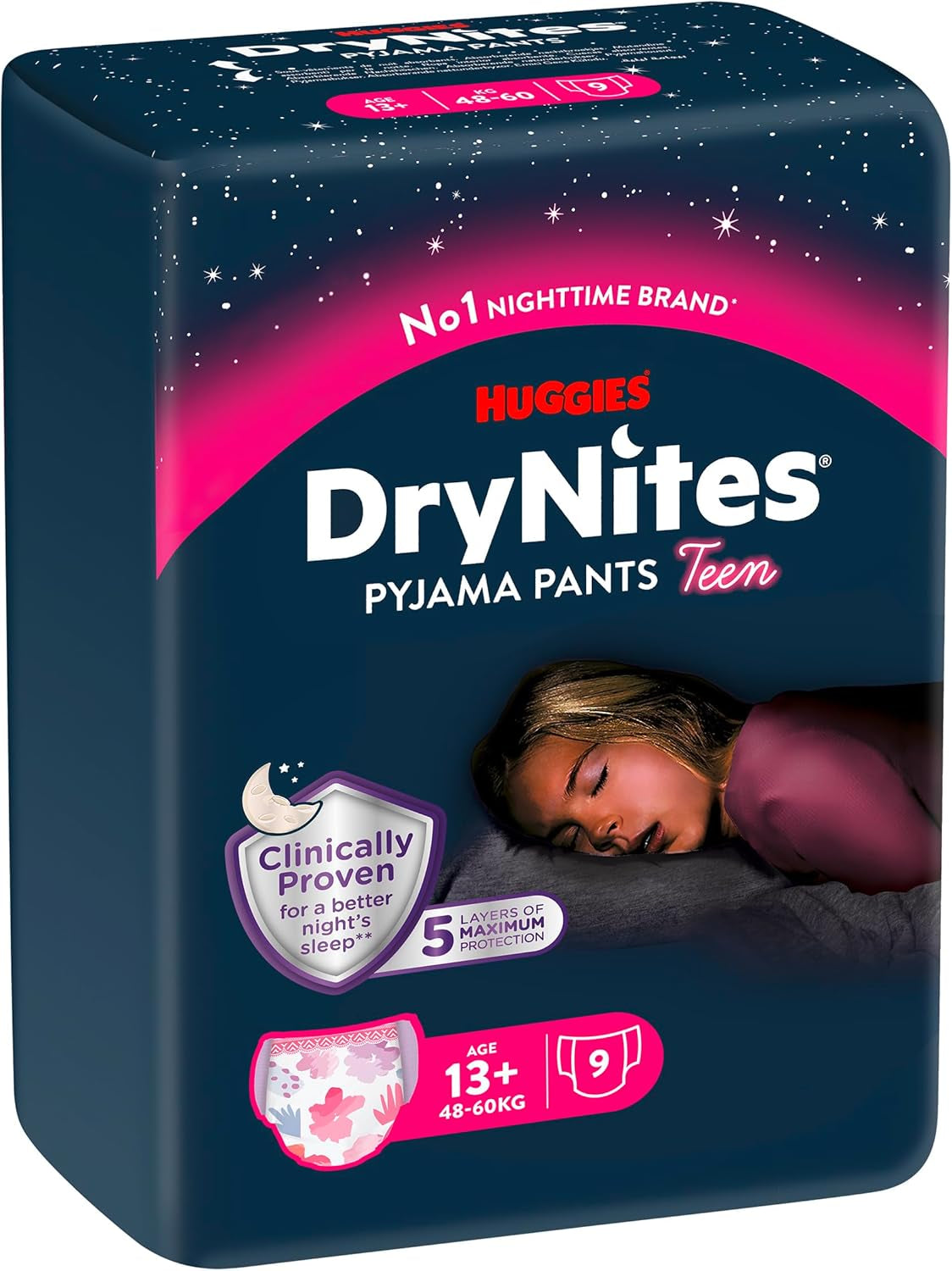 Huggies DryNites Nachtwindeln gegen Bettnässen für Mädchen von 13 bis ca. 17 Jahren (48–60 kg), 27 Stück (3 x 9), Monatspackung mit Höschenwindeln
