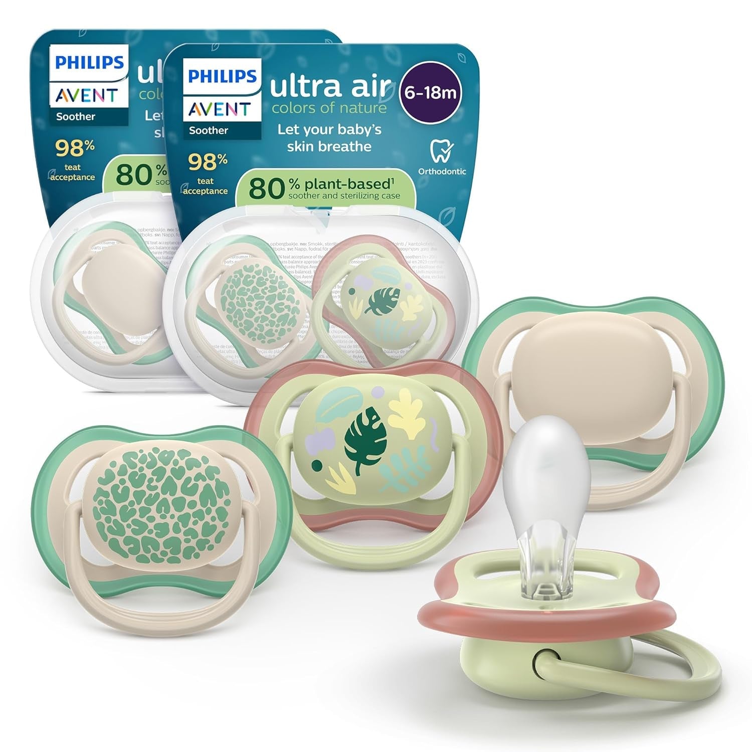 Philips AVENT Ultra Air-Schnuller – 4er-Pack BPA-freie, atmungsaktive Schnuller für Babys von 6–18 Monaten, inklusive Tragetasche und Sterilisation, Schildkröten-/Wal-Muster (Modell SCF085/66)