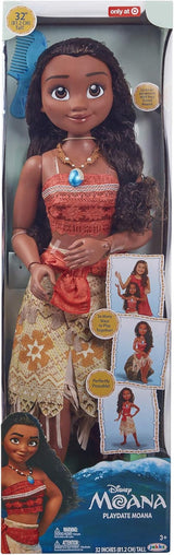 Disney Princess Vaiana, 80 cm große Spielpuppe von Jakks Pacific, bewegliche Puppe, mit Bürste zum Kämmen ihrer welligen Locken, vom Film inspiriertes Kleid, abnehmbare Halskette mit Anhängern