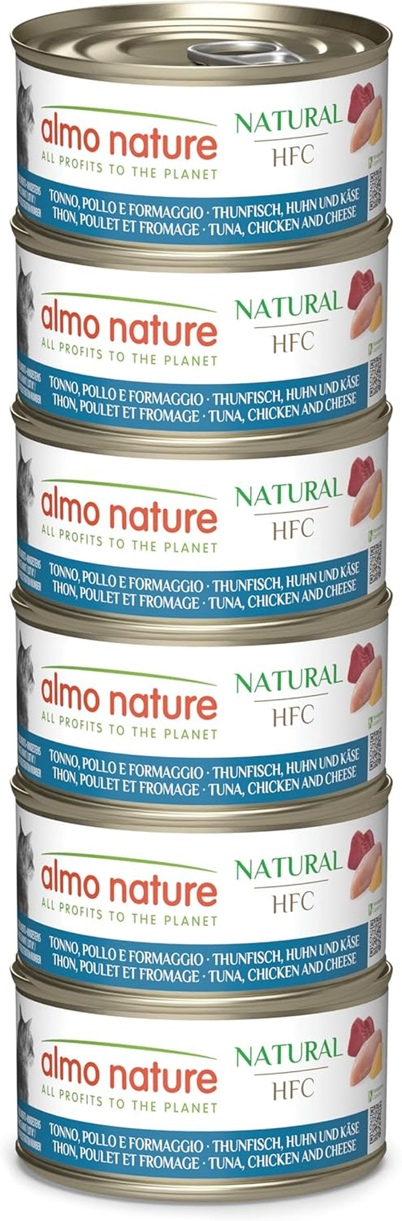 Almo Nature HFC Natural – Nassfutter für erwachsene Katzen – Thunfisch, Huhn und Käse – menschliche Qualität, glutenfrei – 6 x 70 g