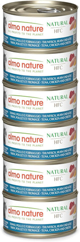 Almo Nature HFC Natural – Nassfutter für erwachsene Katzen – Thunfisch, Huhn und Käse – menschliche Qualität, glutenfrei – 6 x 70 g