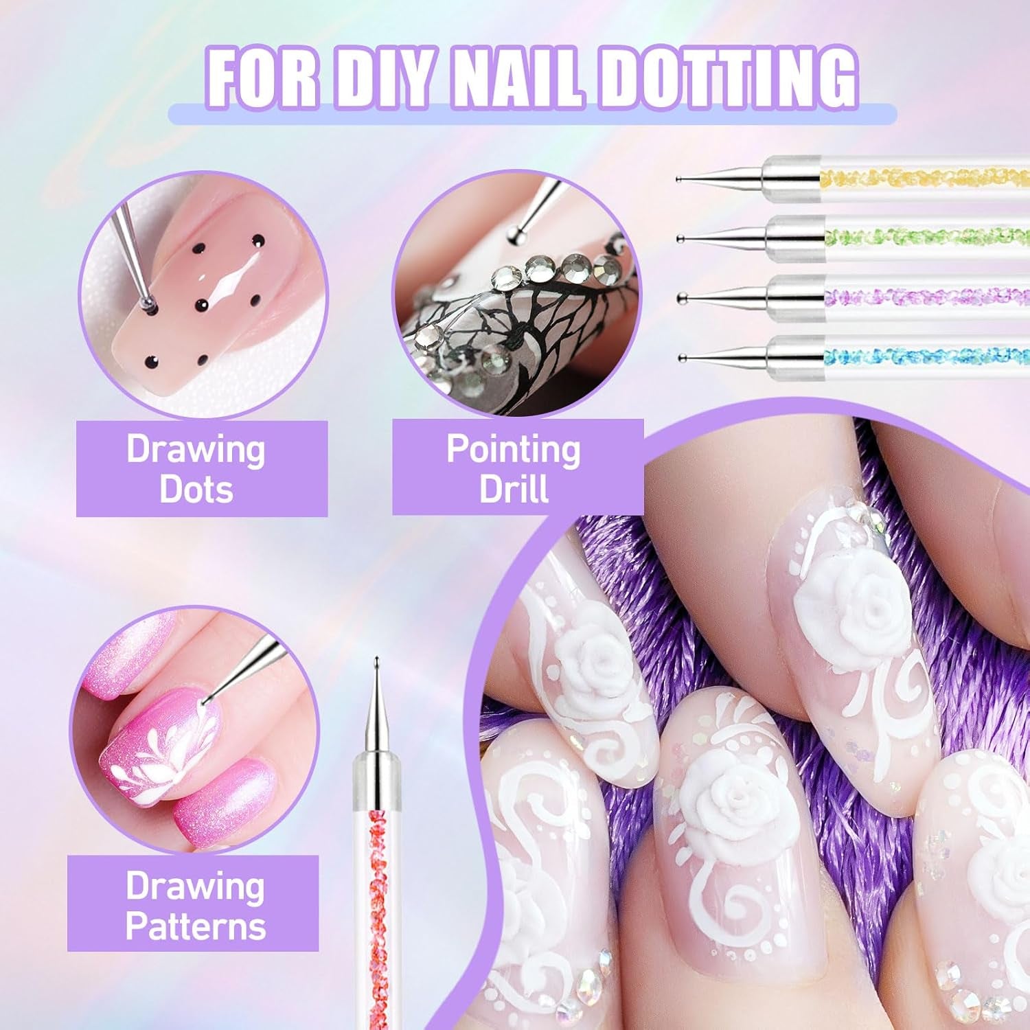 Sularpek 6 Stück Nagel Pinsel, Nail Art Pinsel, Pinsel Nageldesign, Nagel Pinsel Set, Nail Art Dotting Tools Mit 1 Schwammpinsel Applikator, Nageldesign Zubehör Für DIY Nail Art Design