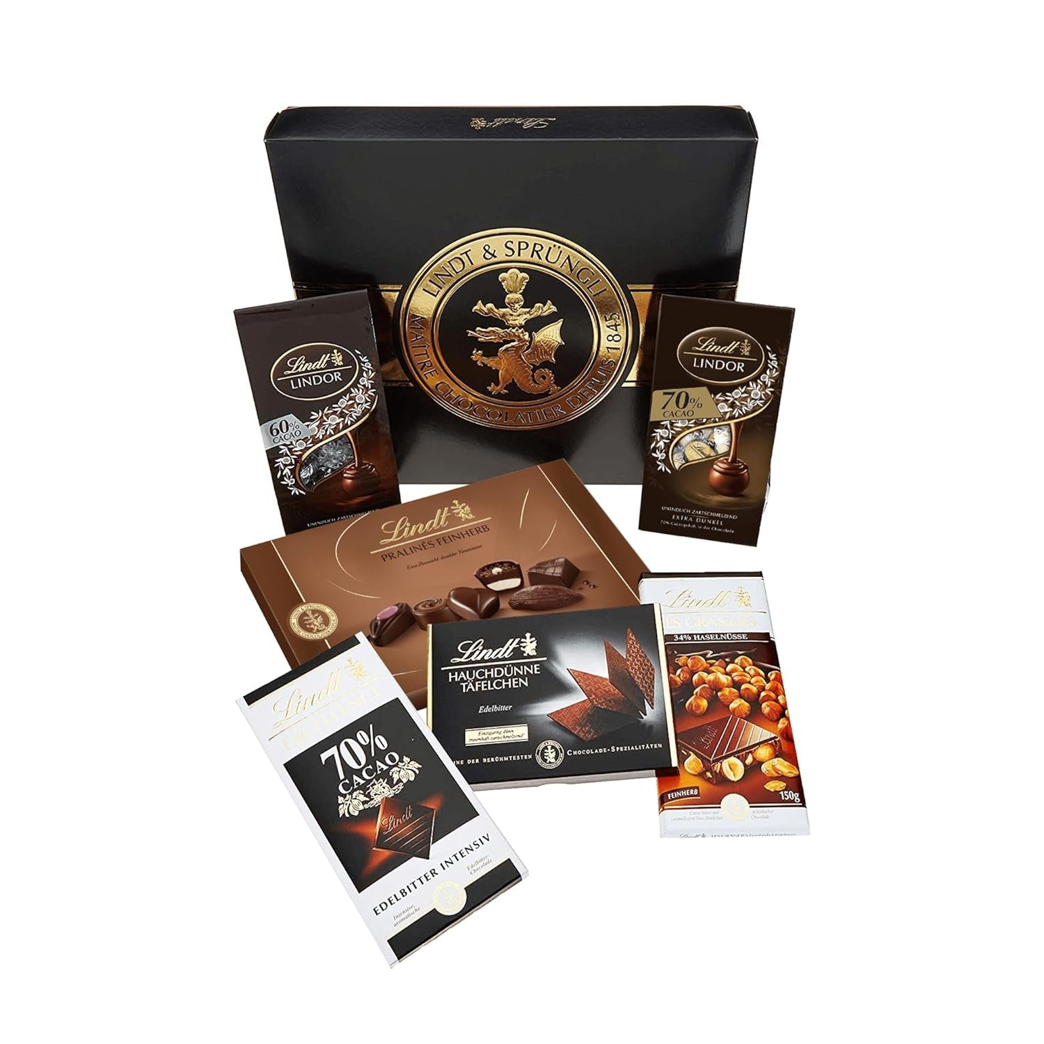 Lindt Dunkles Schokoladenset | 847 g | Set mit 6 Lindt Zartbitterschokoladenspezialitäten (Tafeln, LINDOR, Pralinen) von halbsüß bis extra dunkel | Großpackung | Schokoladengeschenk