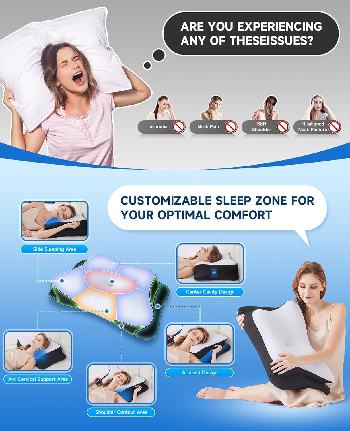 SUPA MODERN Memory-Schaum-Kissen, Seitenschläfer-Kühlkissen, 60 x 40, orthopädische Rückseite, Bauch, Nacken, Schmerzlinderung, Nackenkissen, orthopädische Nackenkissen, Naty Shop