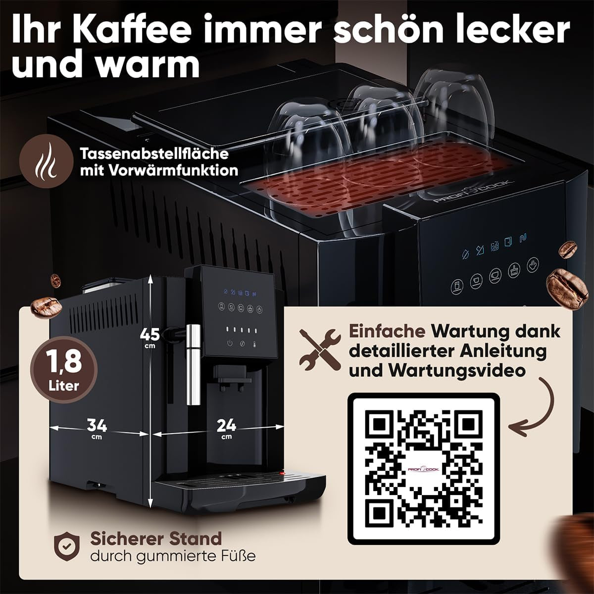 Vollautomatische ProfiCook® Espressomaschine mit Milchaufschäumer für Cappuccino | Kegelmahlwerk | mit Tassenwärmfunktion | Italienische Profipumpe | Touchscreen | Espresso | PC KAV 1281