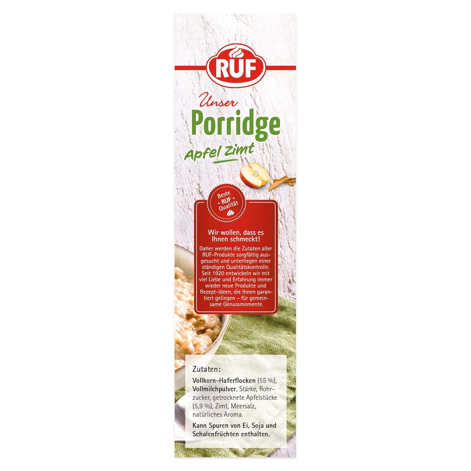 RUF Porridge Apfel-Zimt, mit ganzen Haferflocken, feinem Zimtgeschmack und getrockneten Apfelstücken, 400 Gramm Cerealien Naty Shop