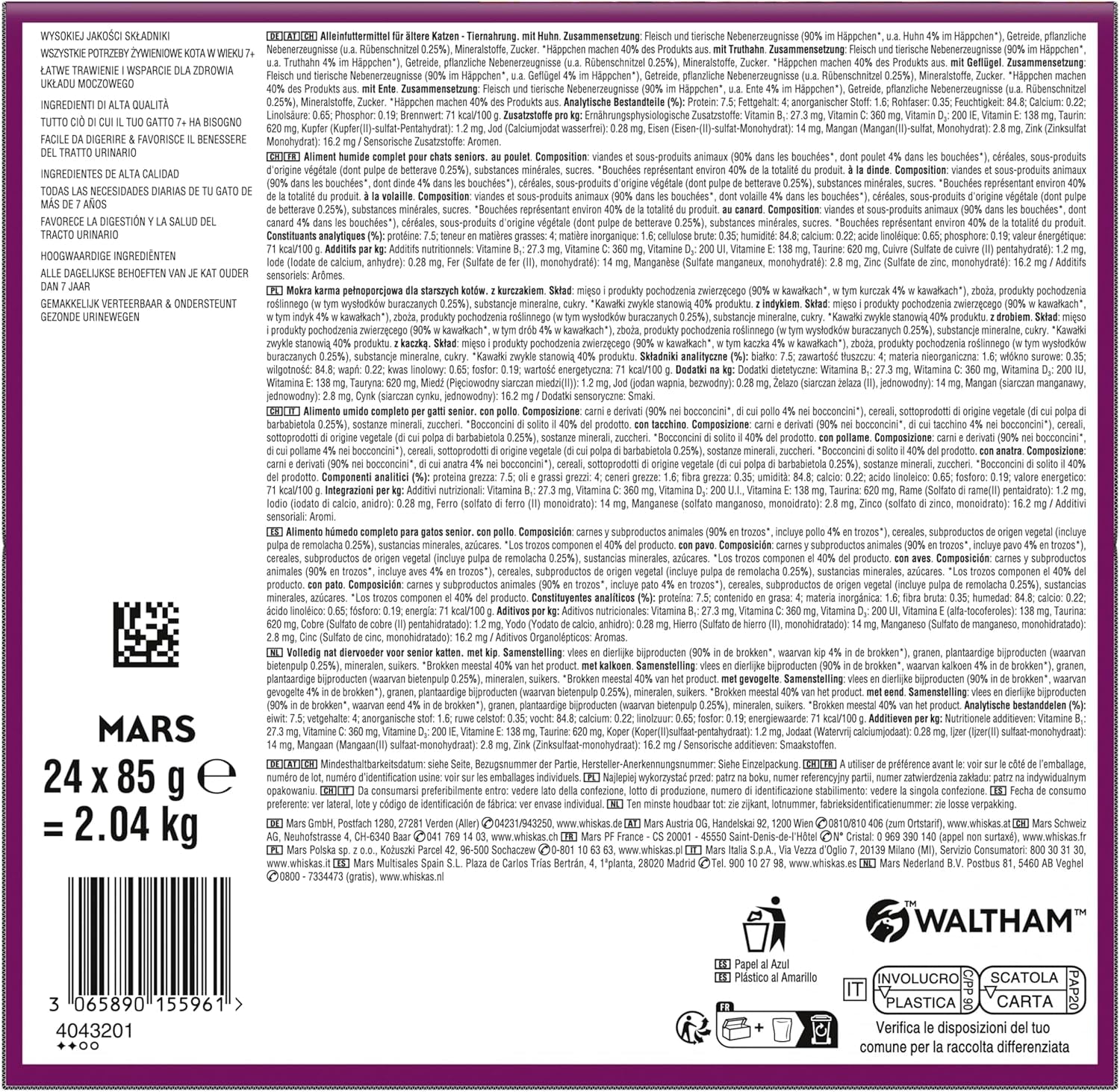 Whiskas 7+ Nassfutter für Katzen, Auswahl an Geflügel in Sauce, 24 x 85 g (2 Packungen) – hochwertiges Nassfutter ab 7 Jahren in 48 Portionsbeuteln
