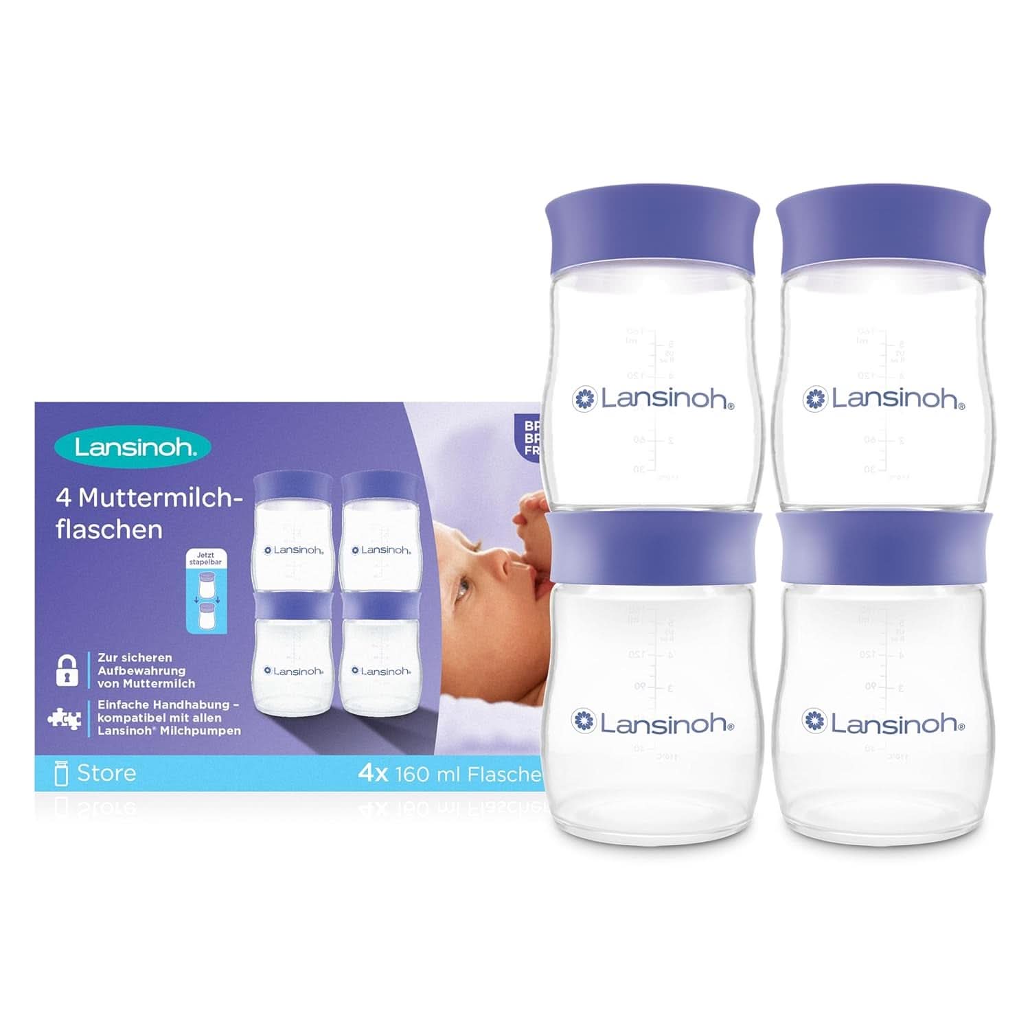 Lansinoh Muttermilchflaschen, 4 X 160 ml – Zur sicheren Muttermilch-Ausstellung – Neues kompaktes Design für verbesserte Stabilität – mit stapelbarem Deckel