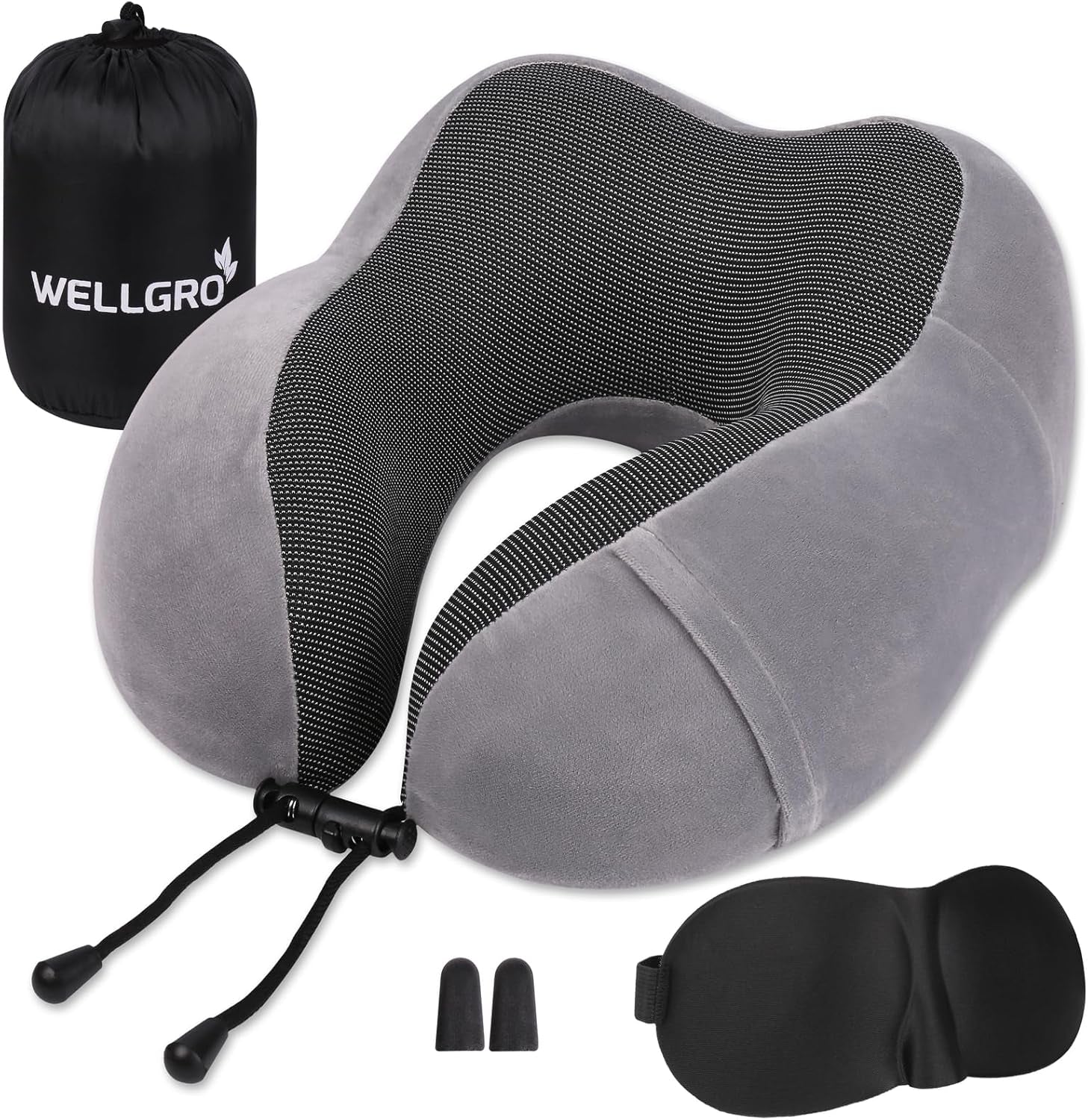 WELLGRO Nackenkissen-Set mit 3D-Schlafmaske und Ohrstöpseln – abnehmbarer Bezug – Memory-Schaum – Reißverschluss – inklusive Aufbewahrungstasche – Reisekissen – Farbe wählbar, Farbe: Grau. Naty Shop graue orthopädische Nackenkissen