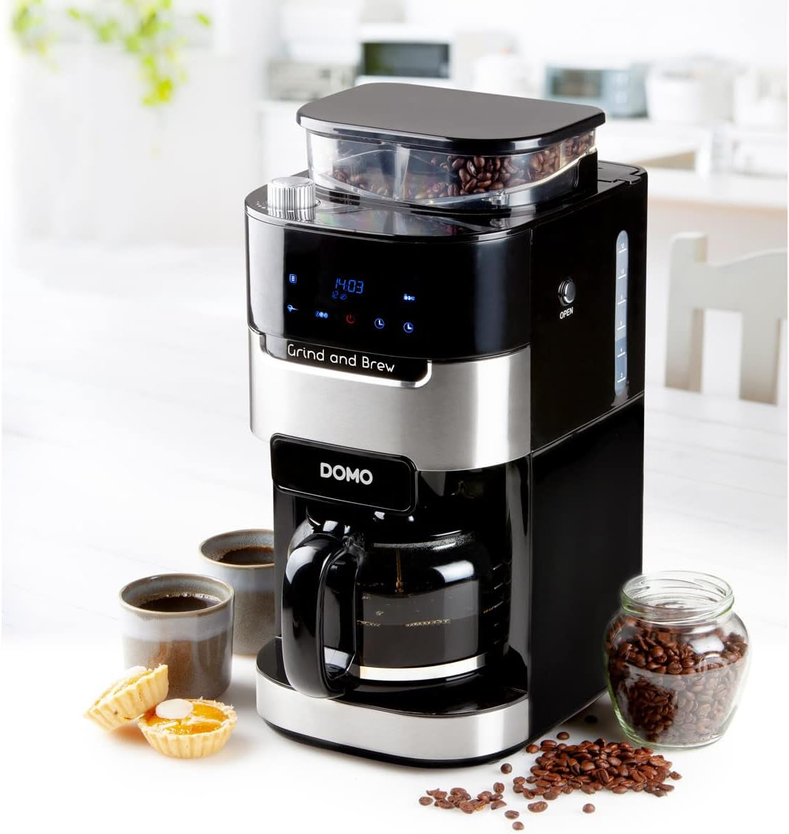 DOMO DO721K Espressomaschine „Grind and Brew“ – Bean-to-Cup-Funktion – LCD-Display – Für gemahlenen Kaffee oder ganze Bohnen – 1,5 l