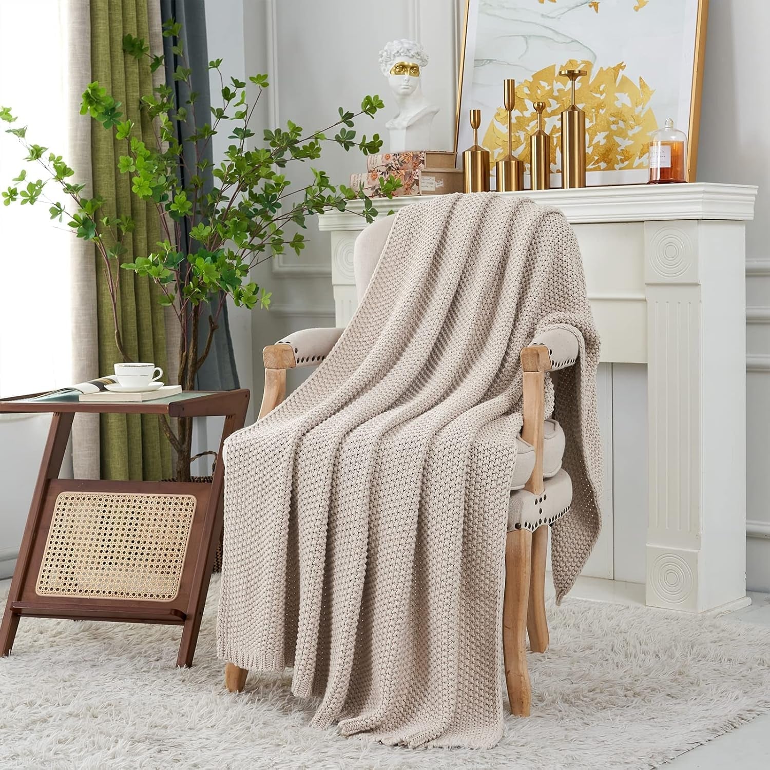 Grobstrick-Überwurfdecke, leicht, Beige, 100 % Bio-Baumwolle, Decke für Couch, Sofa, Bett, Kind, Kinderzimmer, rustikal, Shabby-Chic, modernes Bauernhaus, 152,4 x 203,2 cm, inklusive Wäschesack. Betten und Decken, Longhui-Bettwäsche