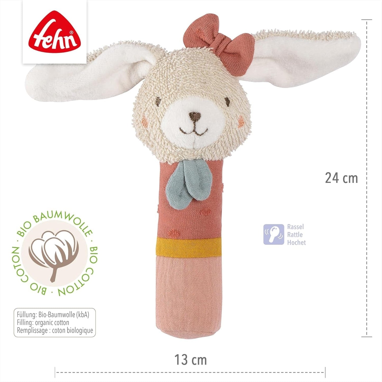 Fehn Greifstabspielzeug für Kinder fehnNatur Hasenspielzeug – Motorikspielzeug mit Rassel zum Greifen, Knuddeln – Greifling mit Bio-Baumwolle – Spielzeug für Babys und Kleinkinder ab 0+ Monaten Babyspielzeug Naty Shop