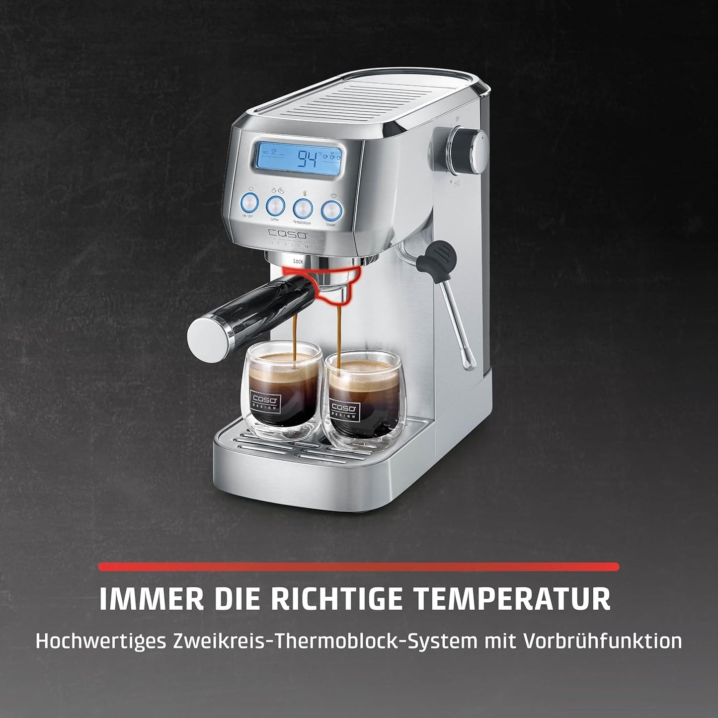 CASO EspressoGourmet Crema – Siebträger-Espressomaschine mit Milchaufschäumer, Espresso, Cappuccino, Edelstahl-Siebträger, ULKA 20-bar-Pumpe, Kaffeemaschine, gemahlener Kaffee, ESE-Kapseln