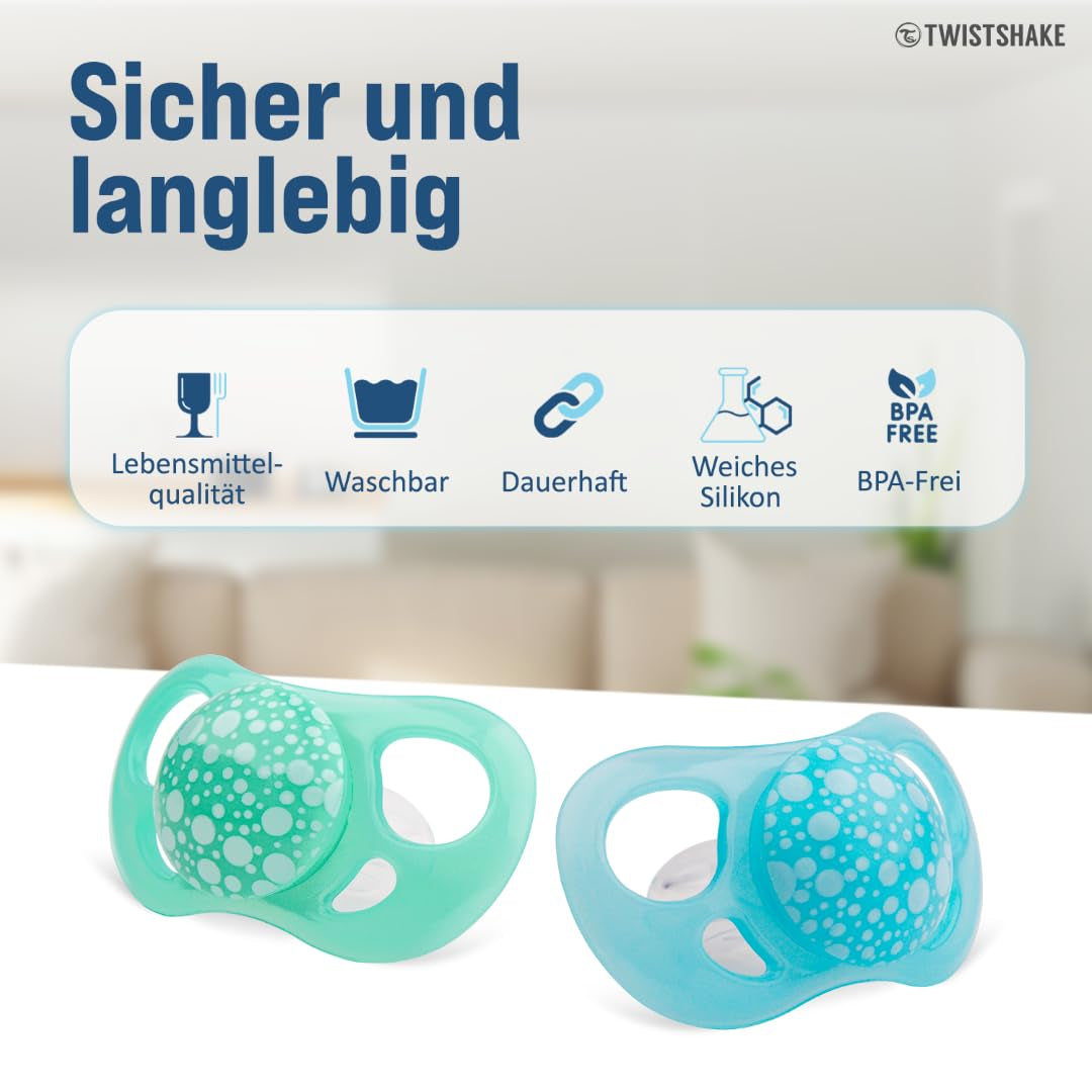 Twistshake Baby-Schnuller – 2er-Pack | Kieferorthopädische Form | Ultraleicht | Weicher Silikonsauger | BPA-frei | Geeignet für Babys ab 6 Monaten | Blaugrün