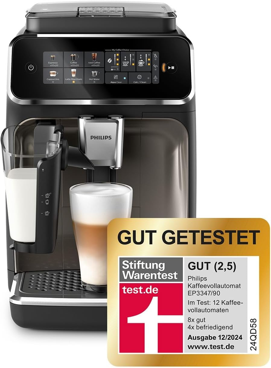 PHILIPS automatische Espressomaschine 3300-Serie – 6 Getränke, moderner Farb-Touchscreen, LatteGo-Milchzubereitungssystem, SilentBrew, 100 % Keramikmahlwerk, AquaClean-Filter. Schwarzchrom (EP3347/90)