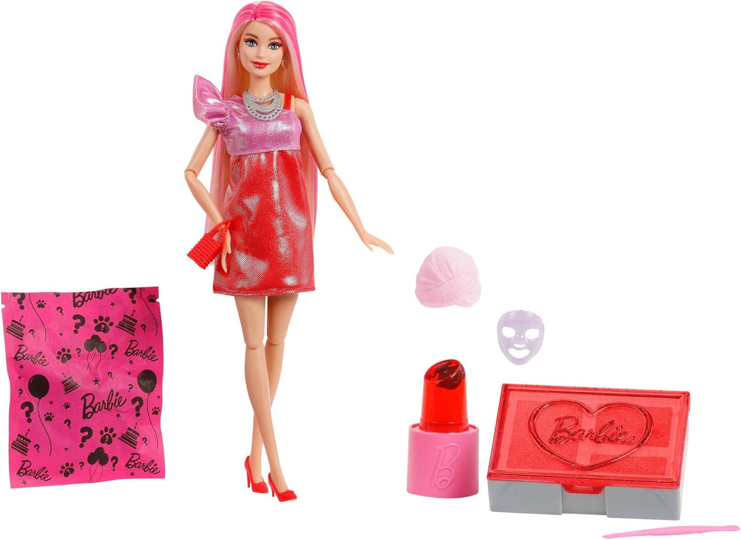 Barbie Party-Puppe ohne Box und Zubehör, Glam Party-Serie mit 10 Überraschungen, darunter eine leuchtend rote Puppe mit Farbwechseleffekt, JFY68