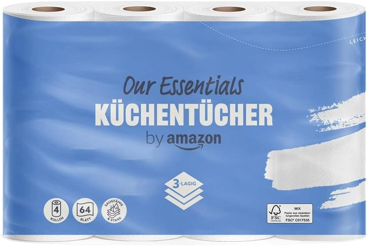 Küchenrolle von Amazon, 3-lagig, 16 Rollen (4 Rollen, 4er-Packung), 64 Blatt pro Rolle, FSC-zertifiziert