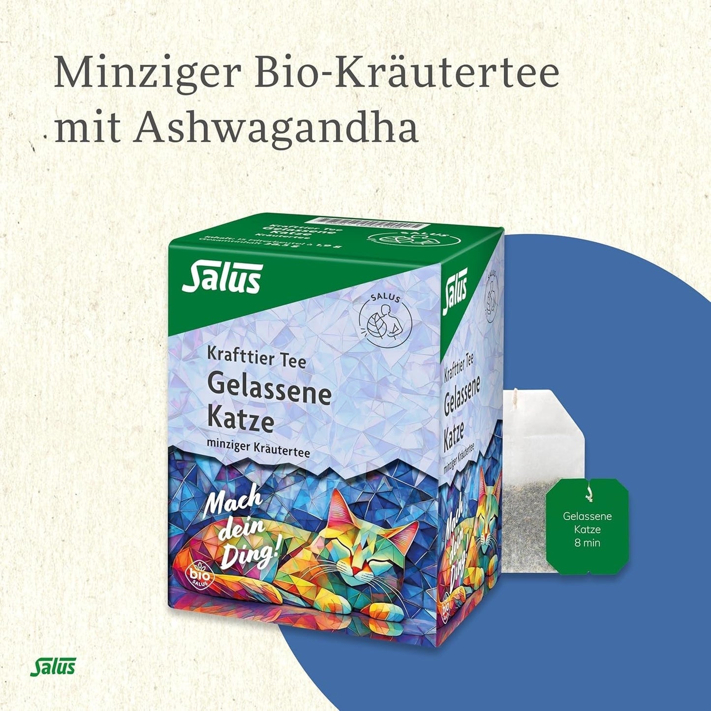 Salus – Krafttier-Tee – Die stille Katze – 1X 15 Filterbeutel (28,5 g) – Minz-Kräutertee mit Ashwagandha – Bio